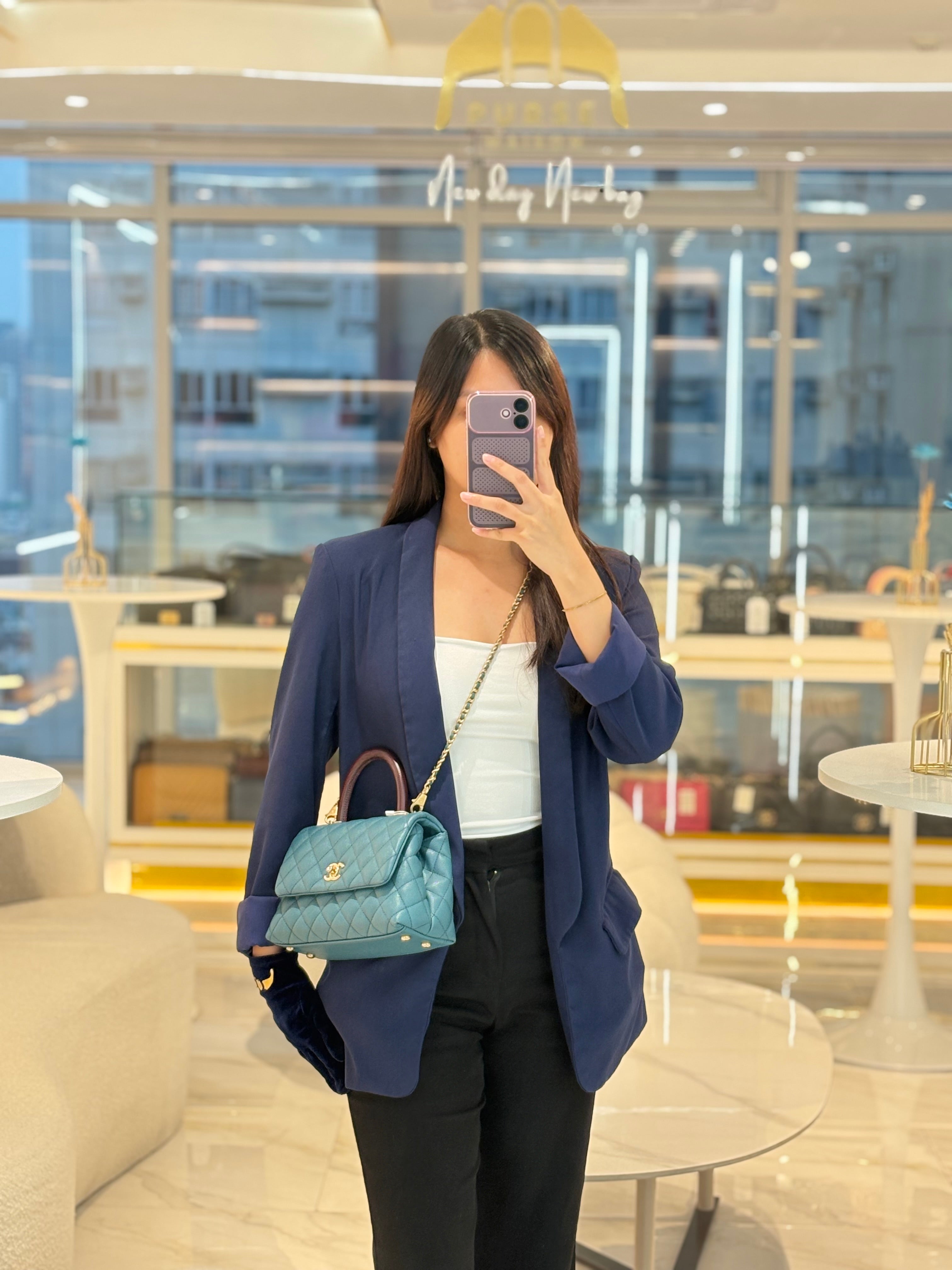 Chanel Coco Lizard Handle Small in Dark Turquoise Quilted Caviar Leather and Aged Gold Hardware Series 28 | Purse Maison Luxury Bags Shop