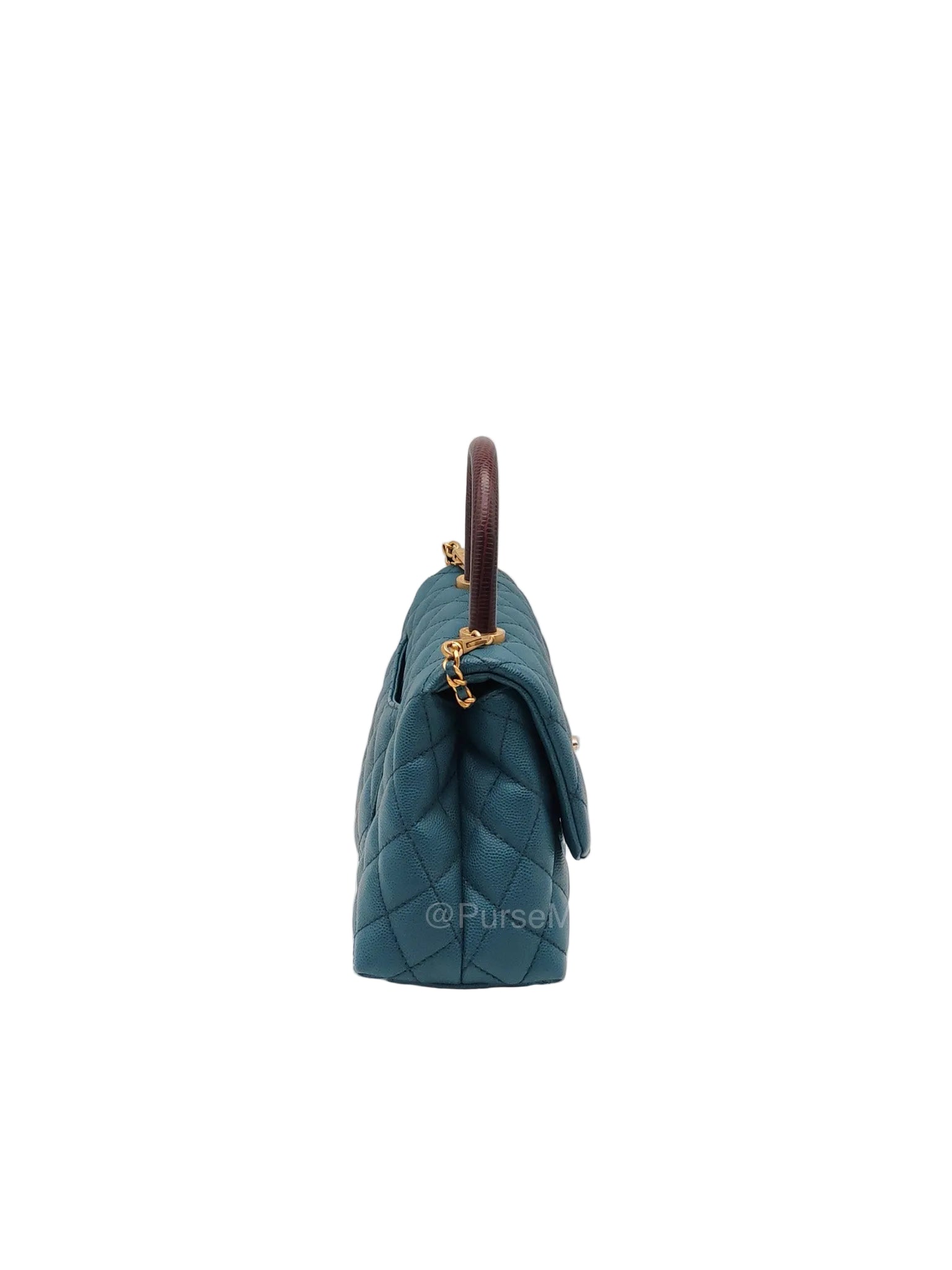 Chanel Coco Lizard Handle Small in Dark Turquoise Quilted Caviar Leather and Aged Gold Hardware Series 28 | Purse Maison Luxury Bags Shop