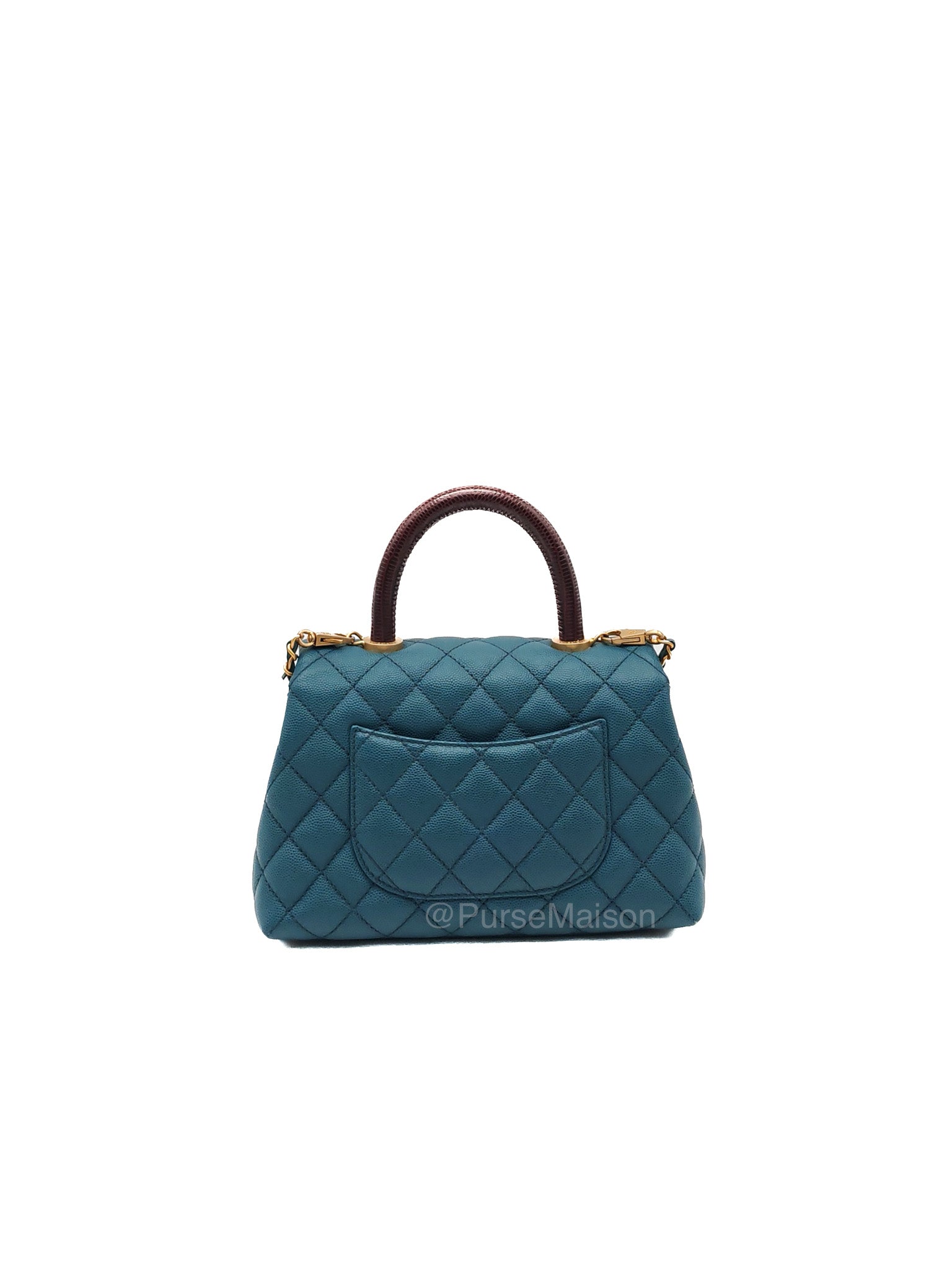 Chanel Coco Lizard Handle Small in Dark Turquoise Quilted Caviar Leather and Aged Gold Hardware Series 28 | Purse Maison Luxury Bags Shop