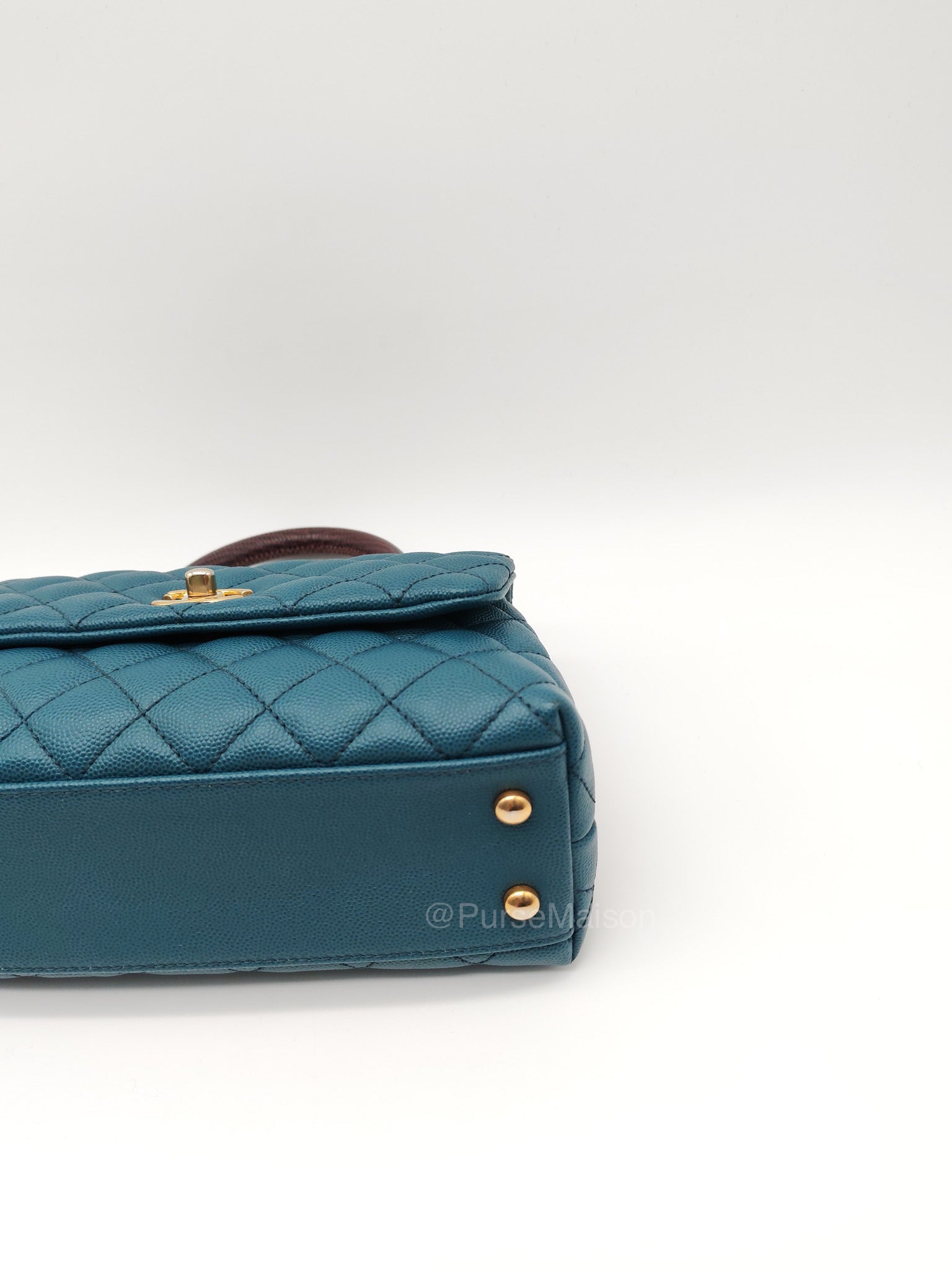 Chanel Coco Lizard Handle Small in Dark Turquoise Quilted Caviar Leather and Aged Gold Hardware Series 28 | Purse Maison Luxury Bags Shop