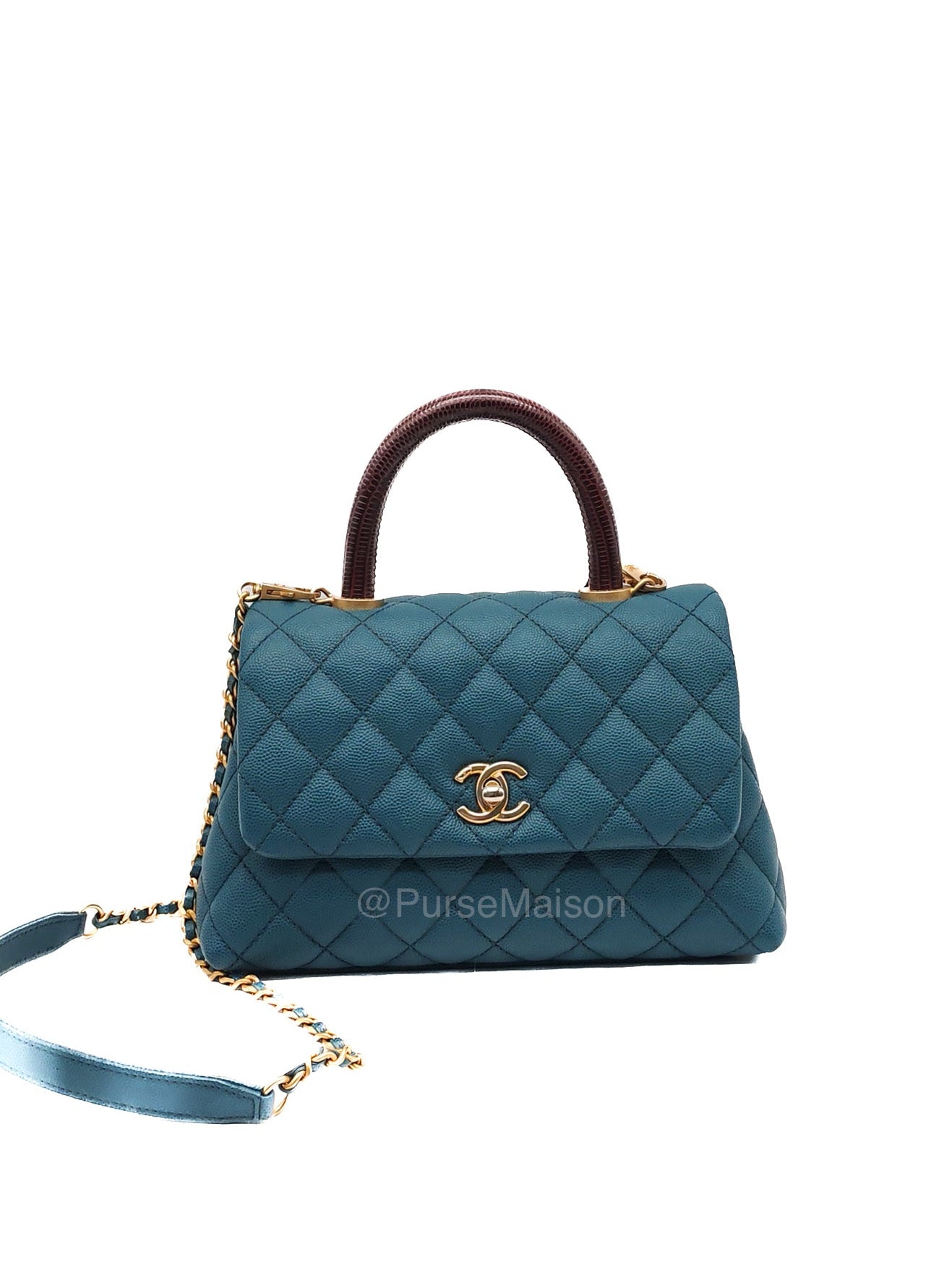 Chanel Coco Lizard Handle Small in Dark Turquoise Quilted Caviar Leather and Aged Gold Hardware Series 28 | Purse Maison Luxury Bags Shop