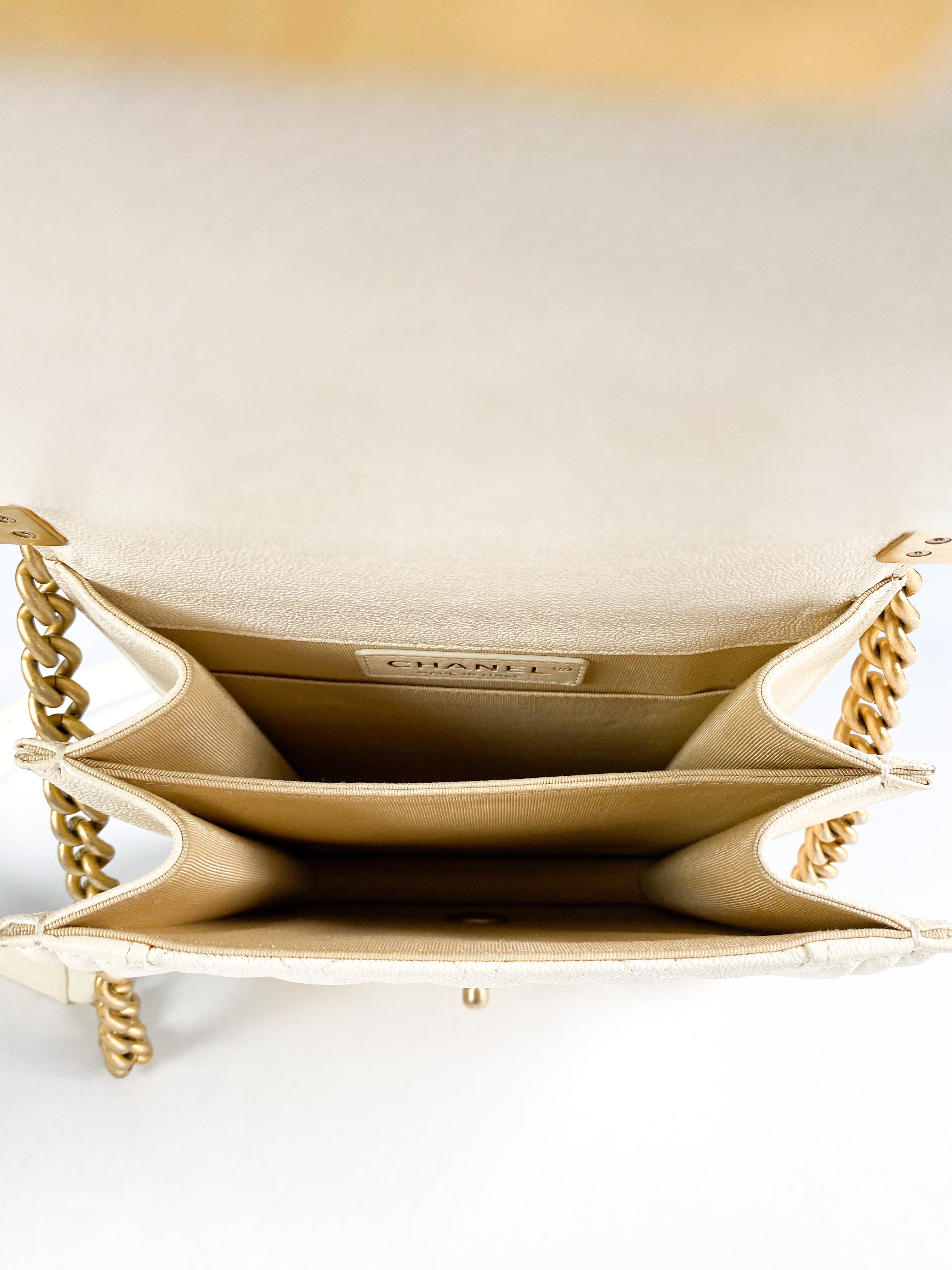 Chanel Cruise Boy North South in White Caviar Leather and Aged Gold Hardware Series 26