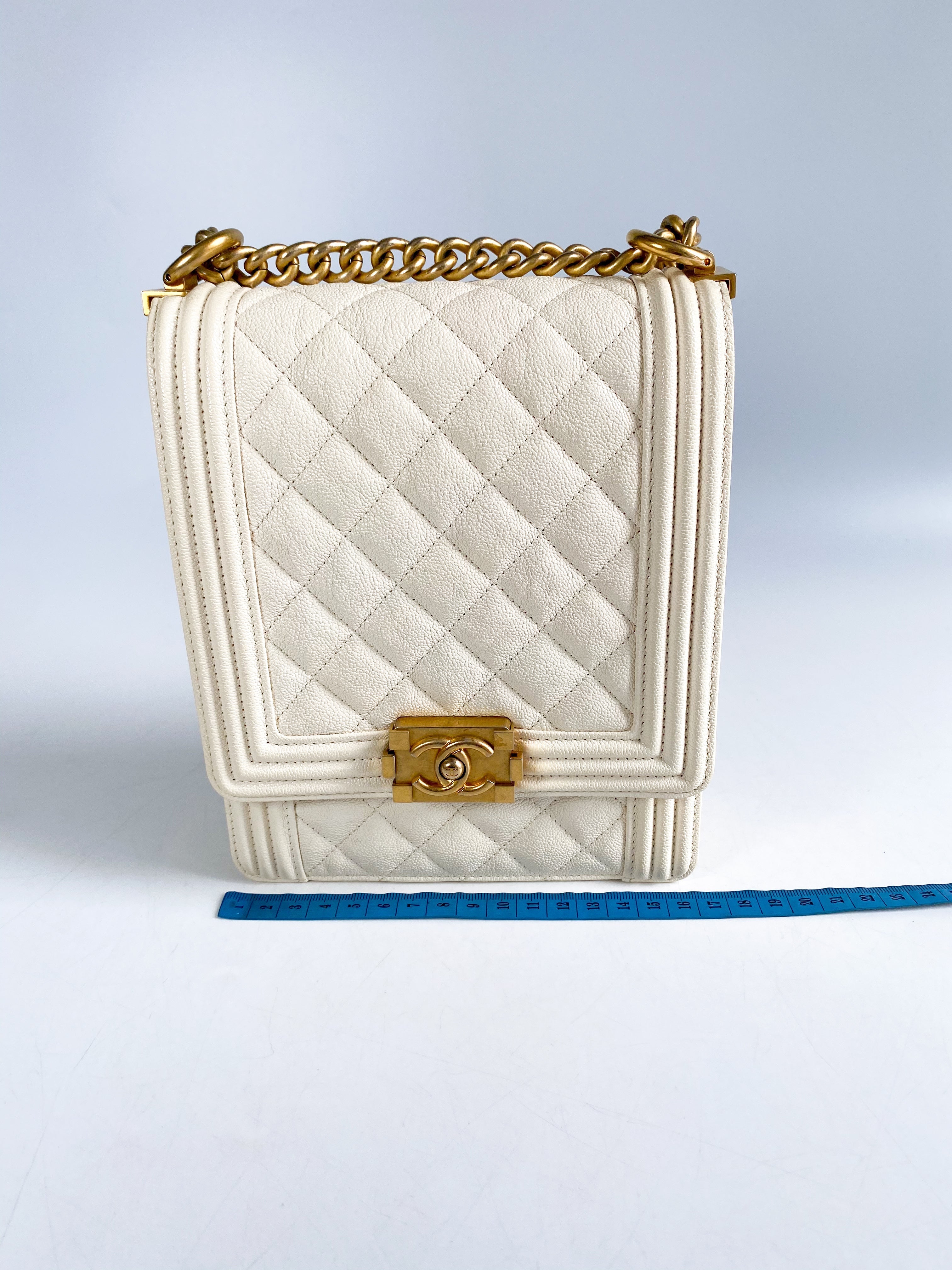 Chanel Cruise Boy North South in White Caviar Leather and Aged Gold Hardware Series 26