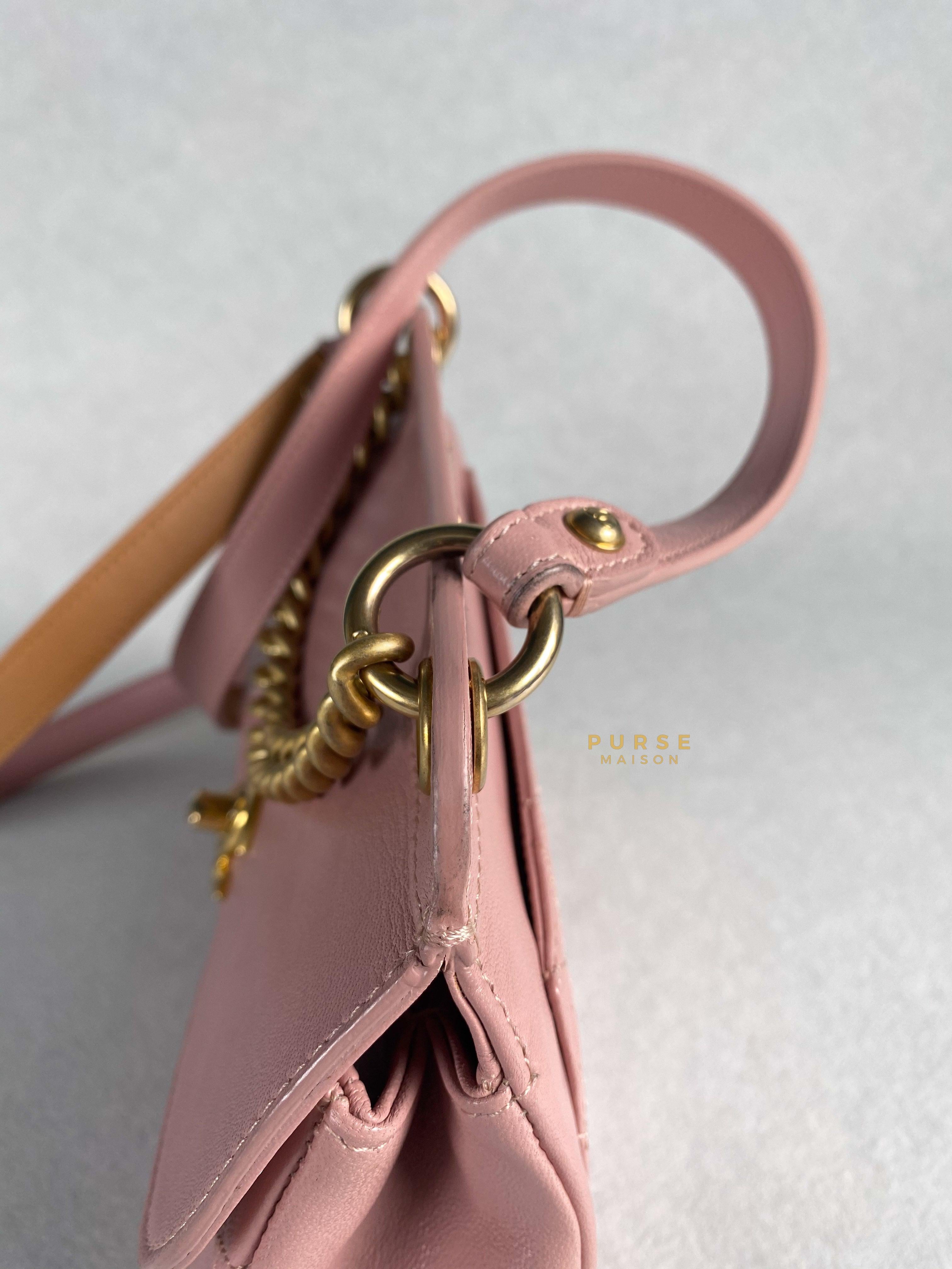 Chanel Curved Flap Bag in Baby Pink Calfskin and Aged Gold Hardware Series 27 | Purse Maison Luxury Bags Shop
