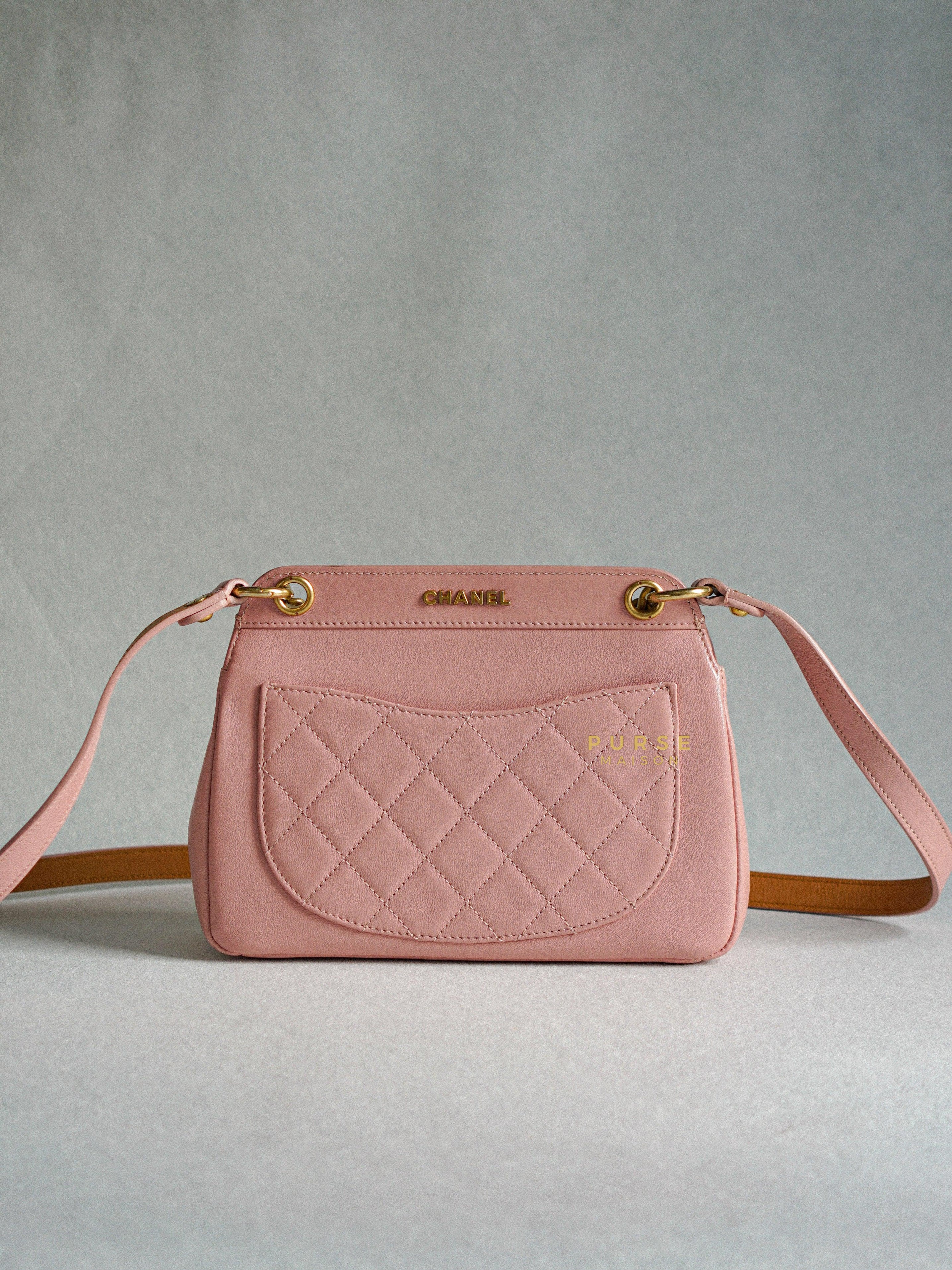 Chanel Curved Flap Bag in Baby Pink Calfskin and Aged Gold Hardware Series 27 | Purse Maison Luxury Bags Shop