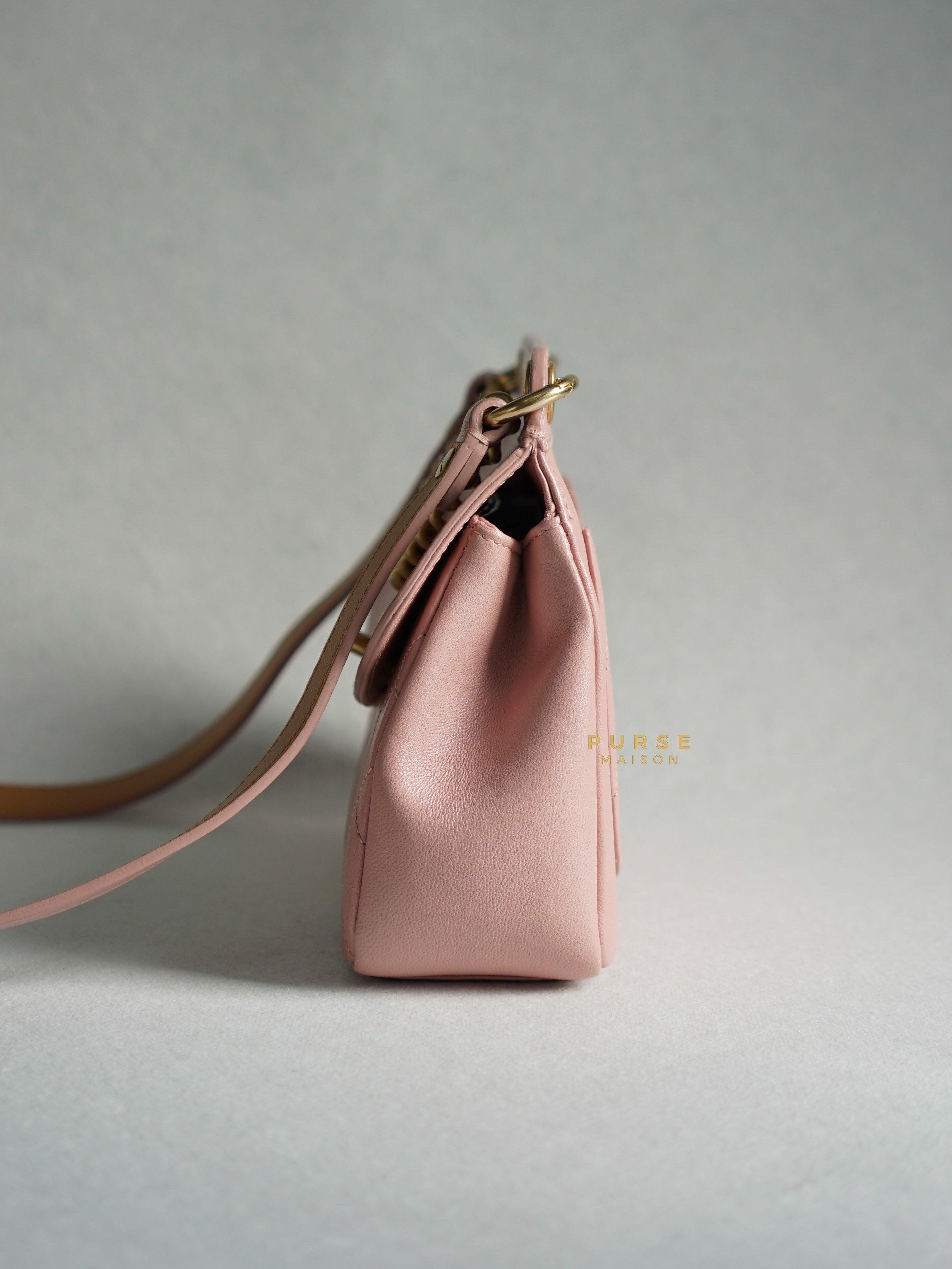 Chanel Curved Flap Bag in Baby Pink Calfskin and Aged Gold Hardware Series 27 | Purse Maison Luxury Bags Shop