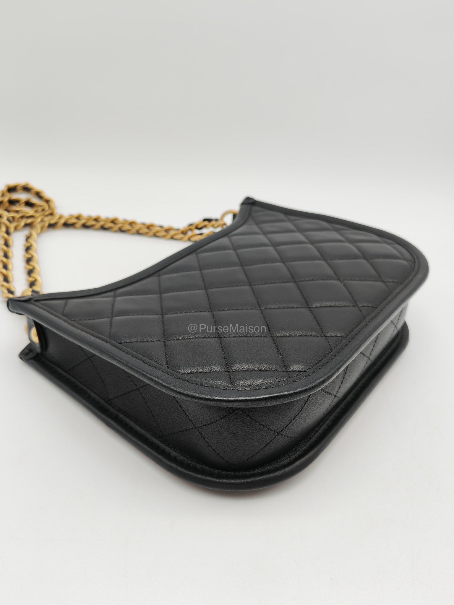 Chanel Curvy Mood Hobo Bag in Black Quilted Calfskin Leather and Aged Gold Hardware Microchip | Purse Maison Luxury Bags Shop