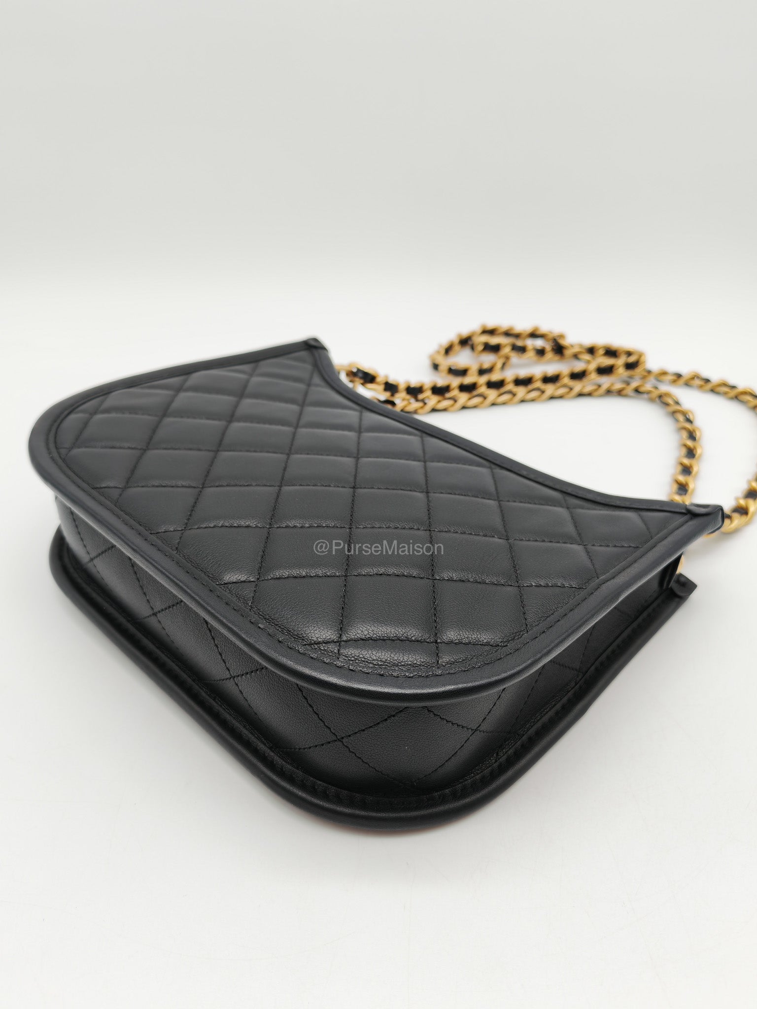 Chanel Curvy Mood Hobo Bag in Black Quilted Calfskin Leather and Aged Gold Hardware Microchip | Purse Maison Luxury Bags Shop