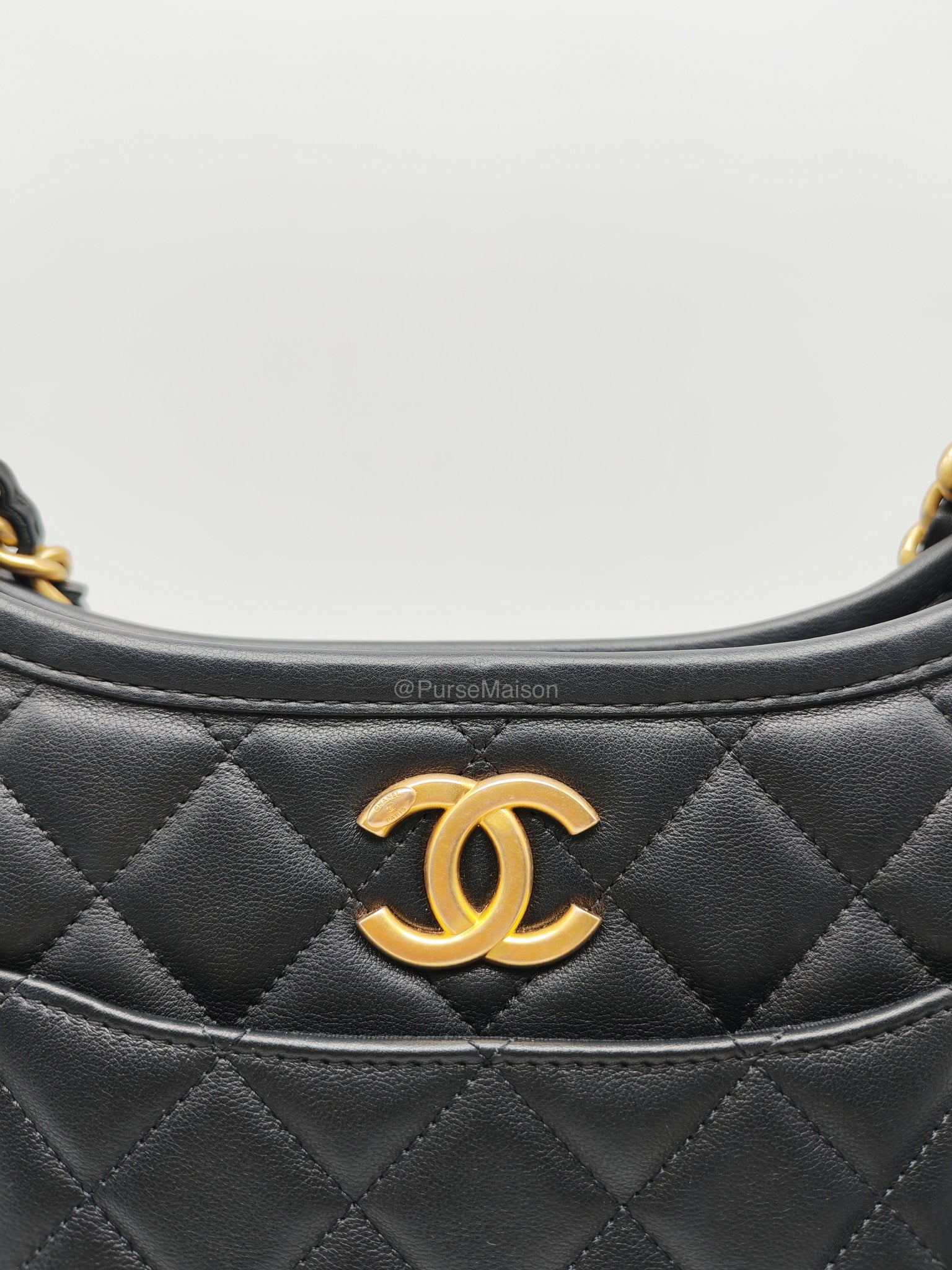 Chanel Curvy Mood Hobo Bag in Black Quilted Calfskin Leather and Aged Gold Hardware Microchip | Purse Maison Luxury Bags Shop