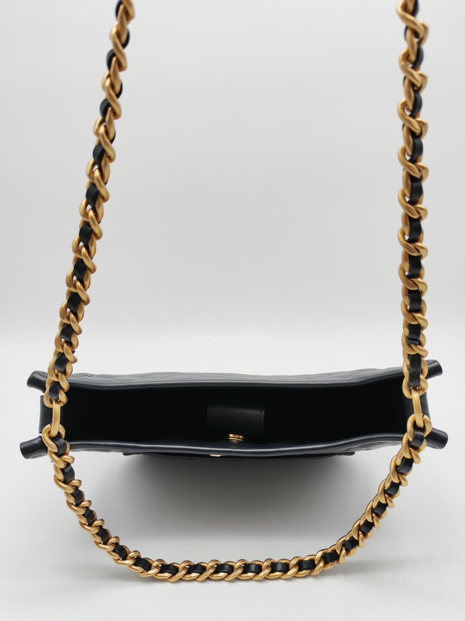 Chanel Curvy Mood Hobo Bag in Black Quilted Calfskin Leather and Aged Gold Hardware Microchip | Purse Maison Luxury Bags Shop