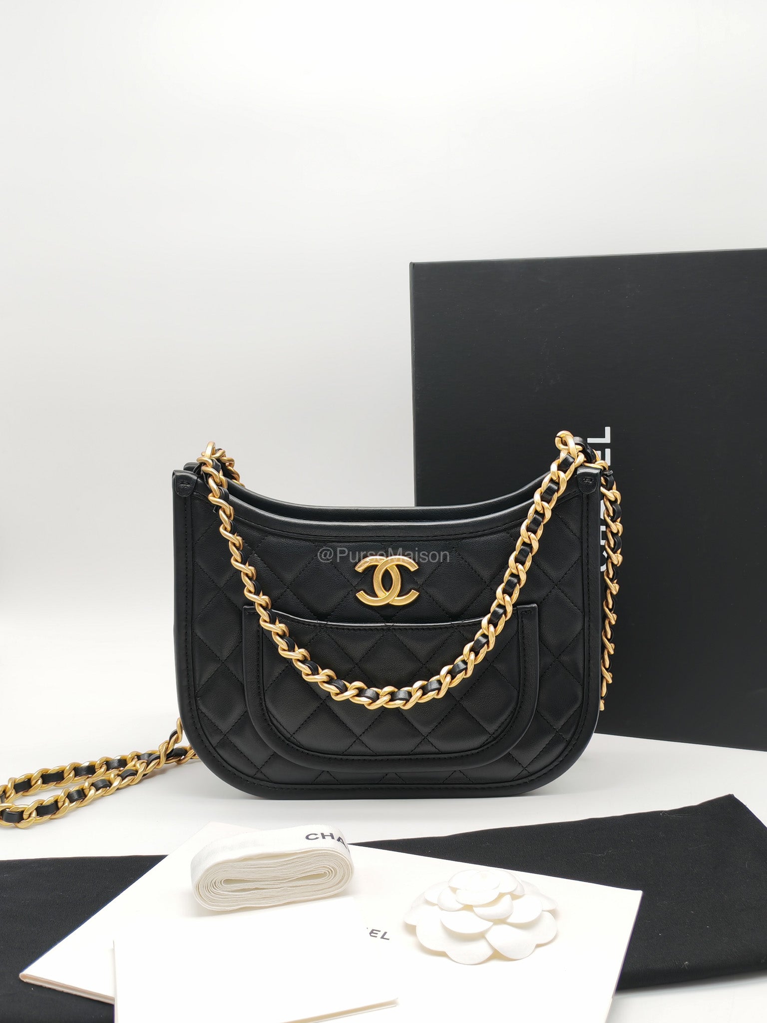 Chanel Curvy Mood Hobo Bag in Black Quilted Calfskin Leather and Aged Gold Hardware Microchip | Purse Maison Luxury Bags Shop