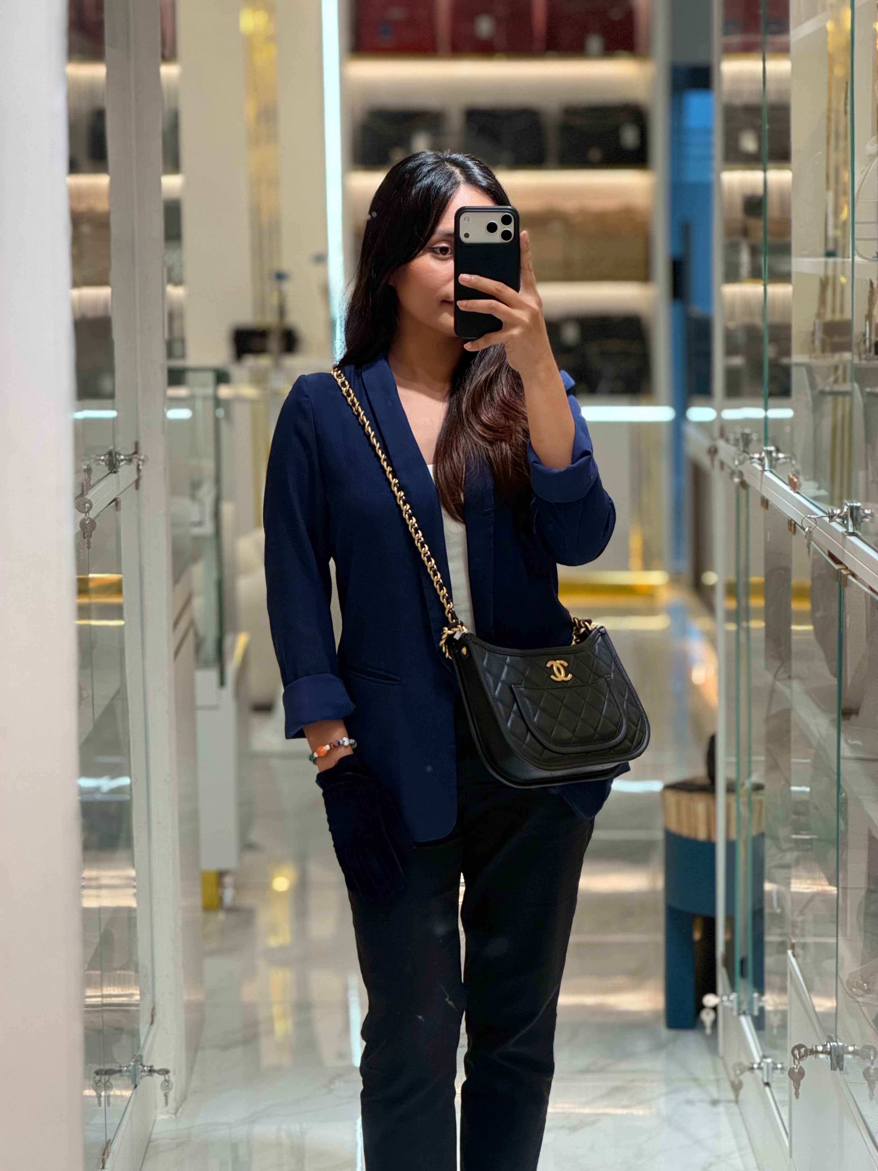 Chanel Curvy Mood Hobo Bag in Black Quilted Calfskin Leather and Aged Gold Hardware Microchip | Purse Maison Luxury Bags Shop