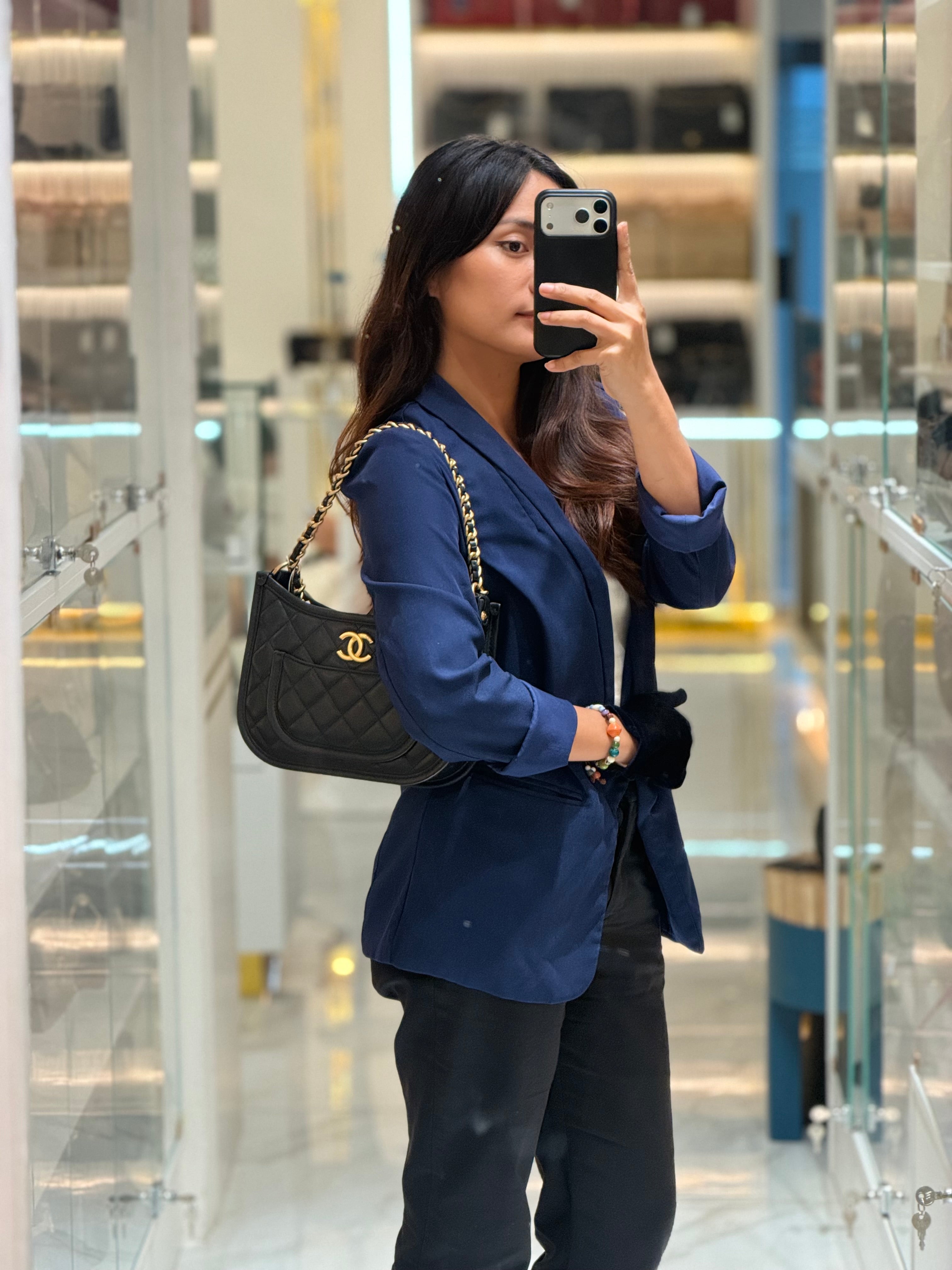 Chanel Curvy Mood Hobo Bag in Black Quilted Calfskin Leather and Aged Gold Hardware Microchip | Purse Maison Luxury Bags Shop