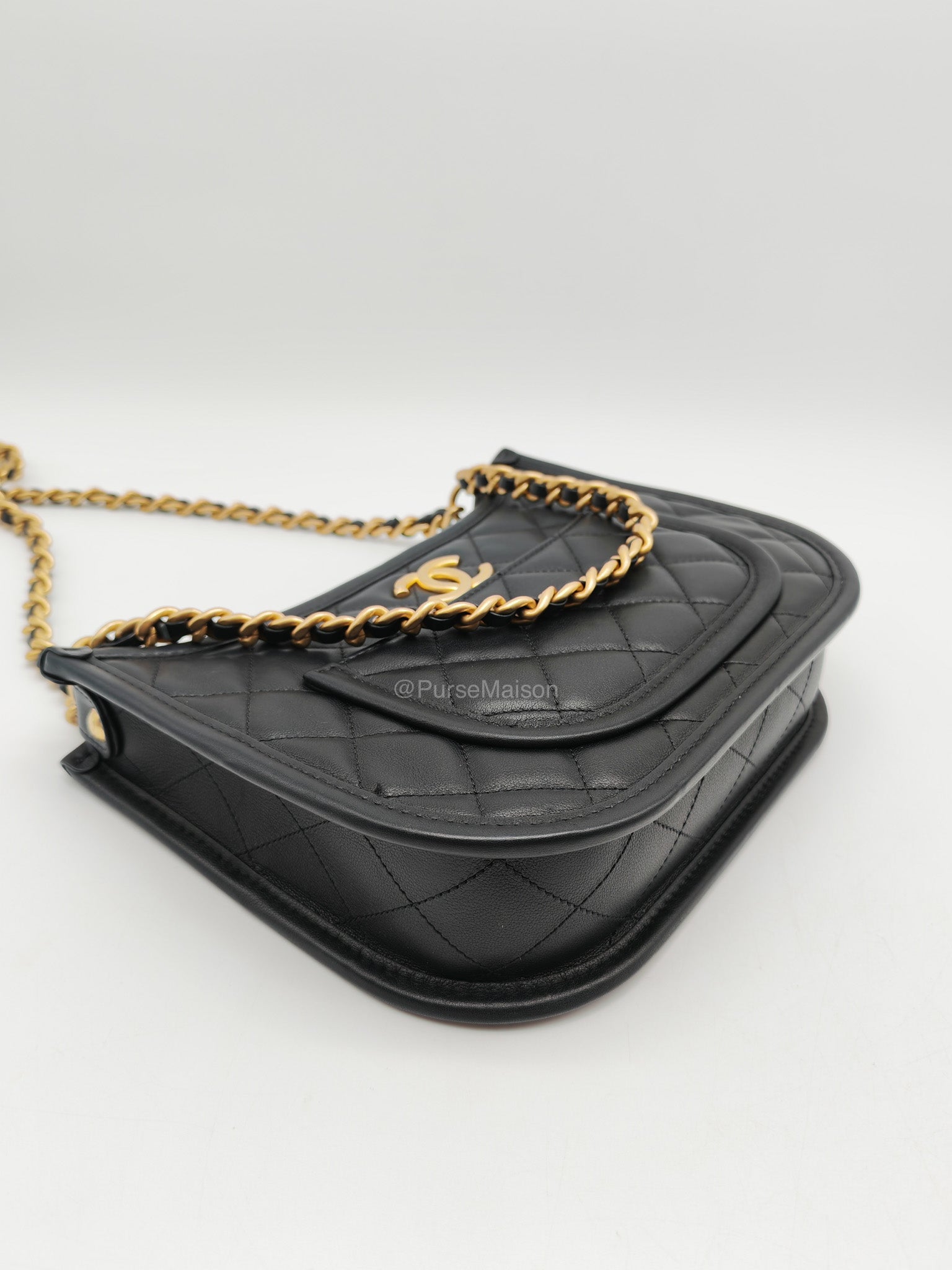 Chanel Curvy Mood Hobo Bag in Black Quilted Calfskin Leather and Aged Gold Hardware Microchip | Purse Maison Luxury Bags Shop