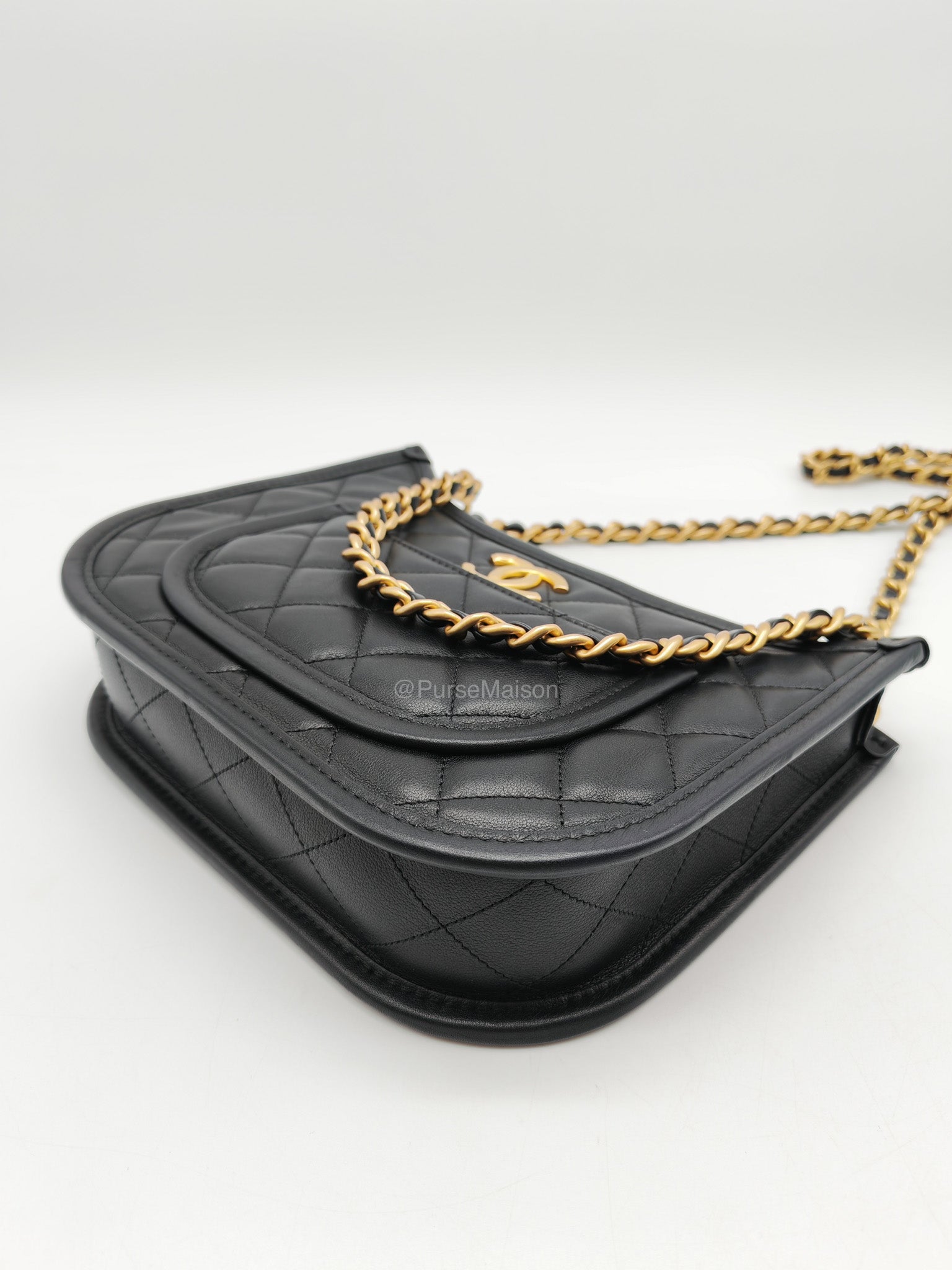 Chanel Curvy Mood Hobo Bag in Black Quilted Calfskin Leather and Aged Gold Hardware Microchip | Purse Maison Luxury Bags Shop