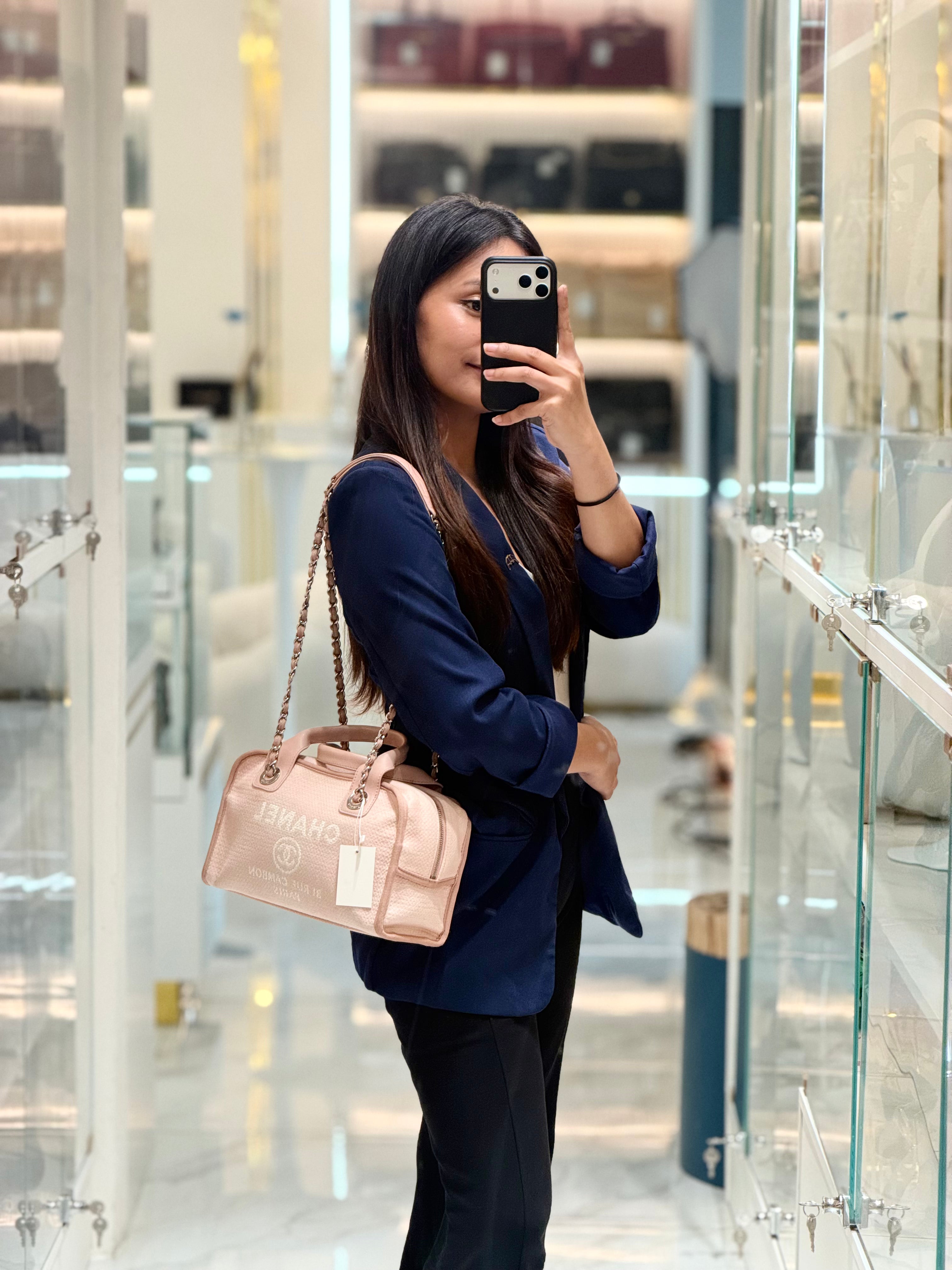 Chanel Deauville Bowling Bag Small in Pink Canvas Silver Hardware (Series 20) | Purse Maison Luxury Bags Shop