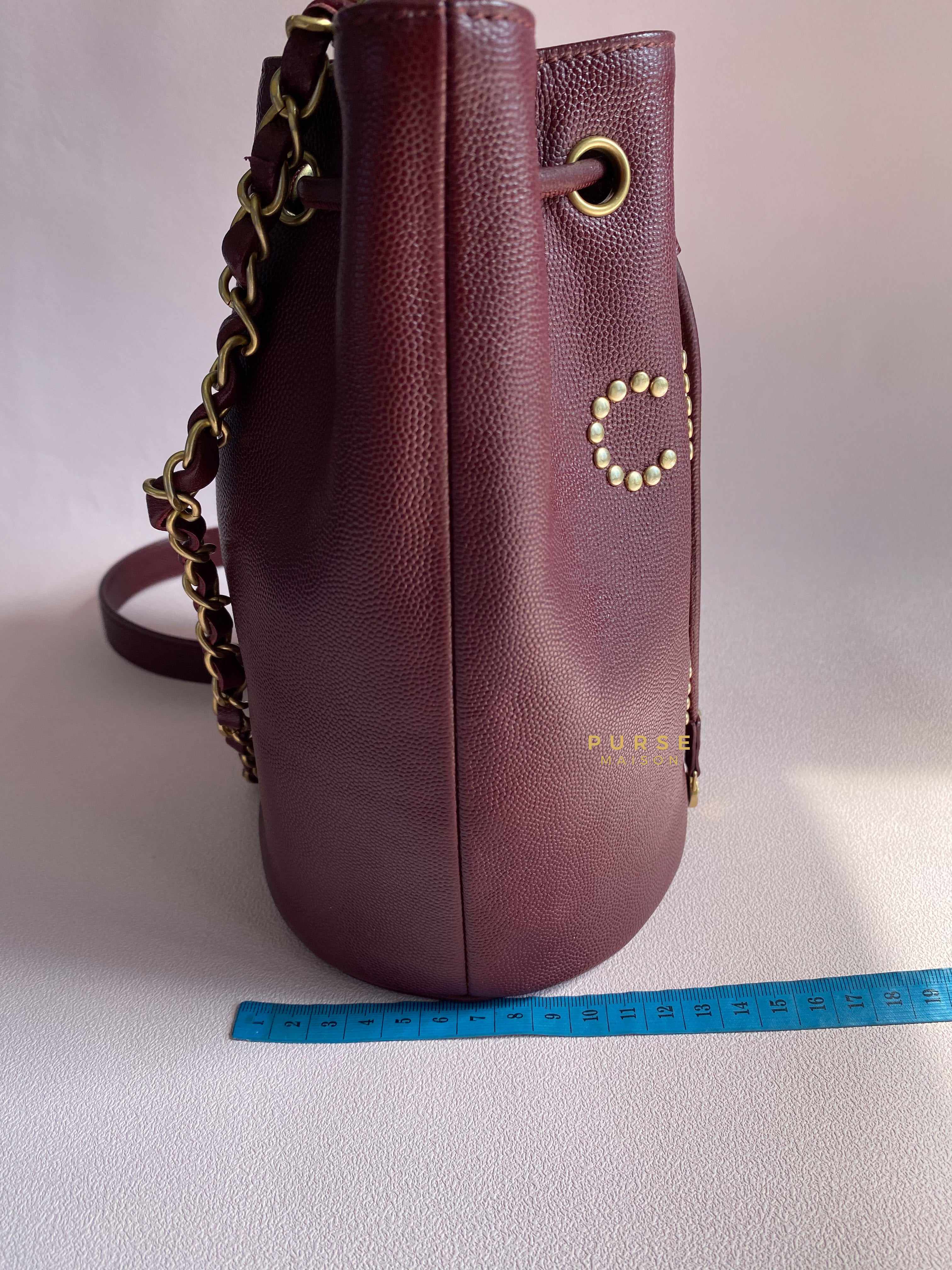 Chanel Deauville Drawstring Bucket Bag Medium Caviar Burgundy in Aged Gold Hardware Series 28 | Purse Maison Luxury Bags Shop