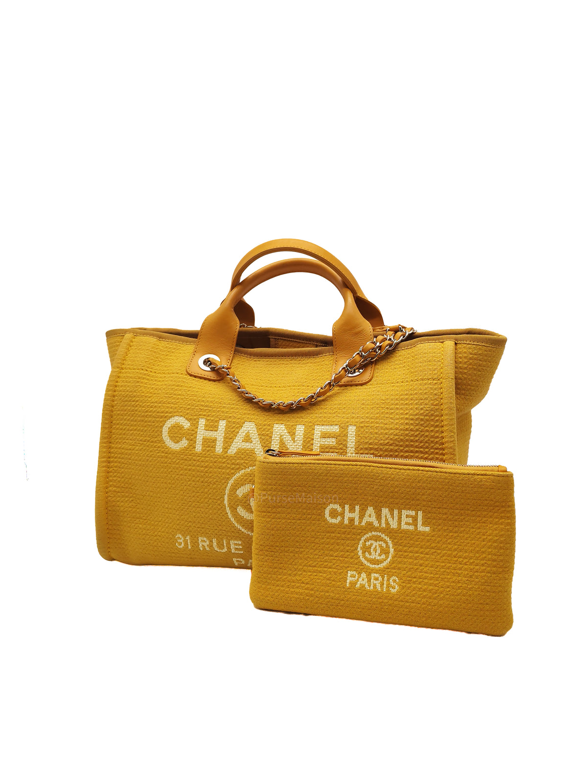 Chanel Deauville Tote Bag in Vibrant Yellow Mixed Fibers and Light Gold Hardware Microchip | Purse Maison Luxury Bags Shop