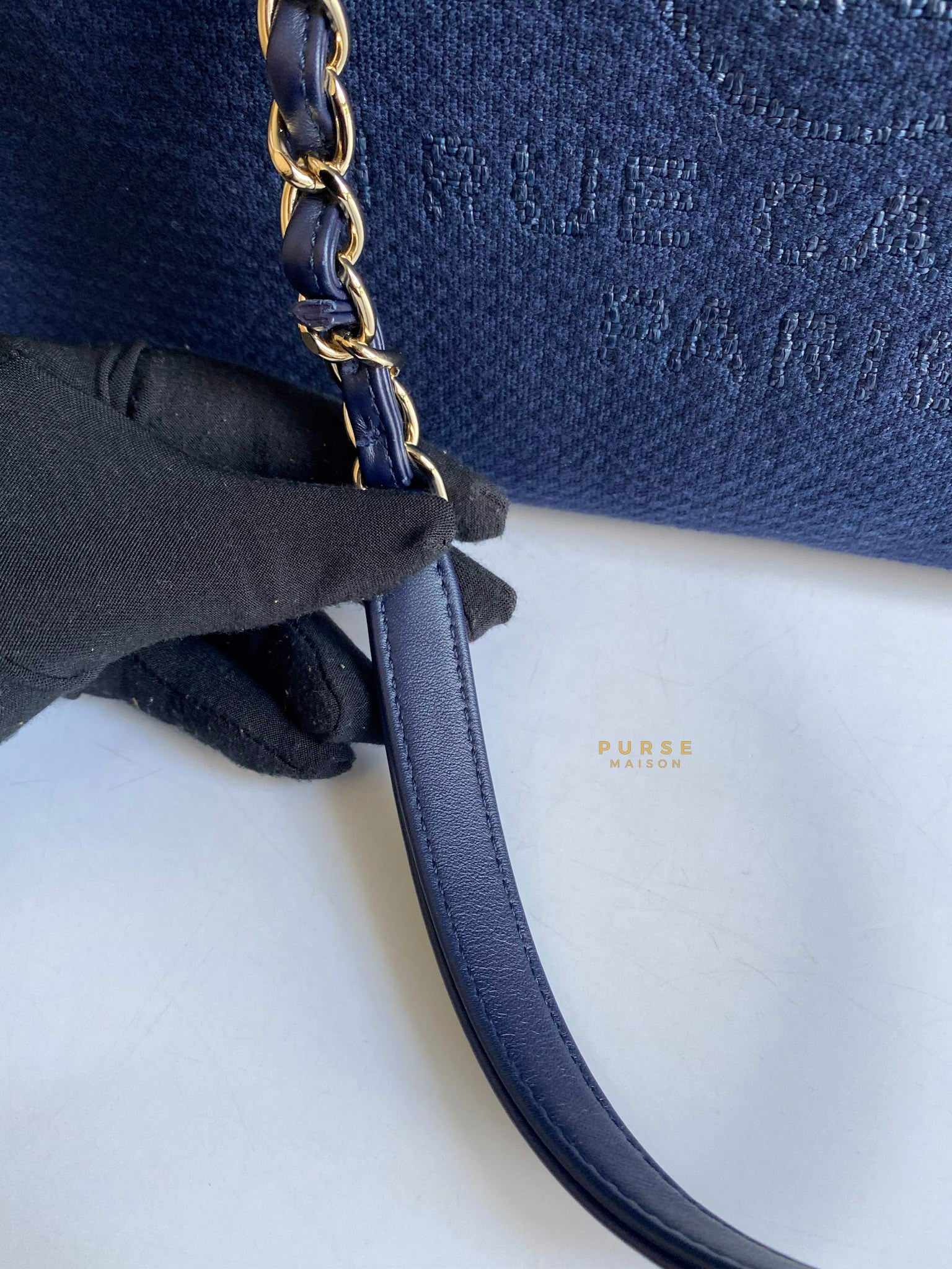 New 22B CHANEL Blue LARGE Shopping Deauville Tote Pouch Bag MICROCHIP