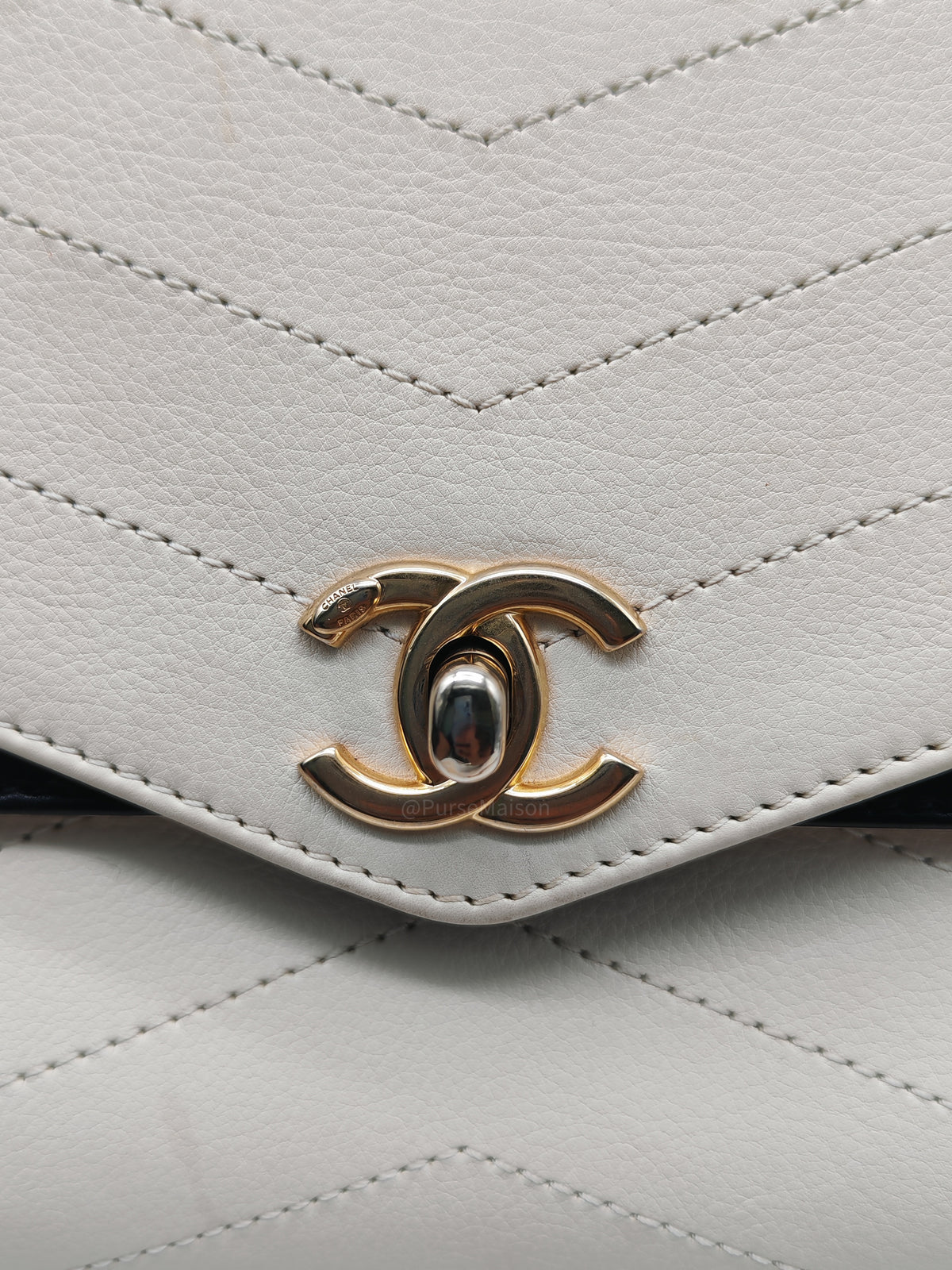 Chanel Envelope Flap Bag in White Chevron Calfskin Leather and Gold Hardware Series 27 | Purse Maison Luxury Bags Shop