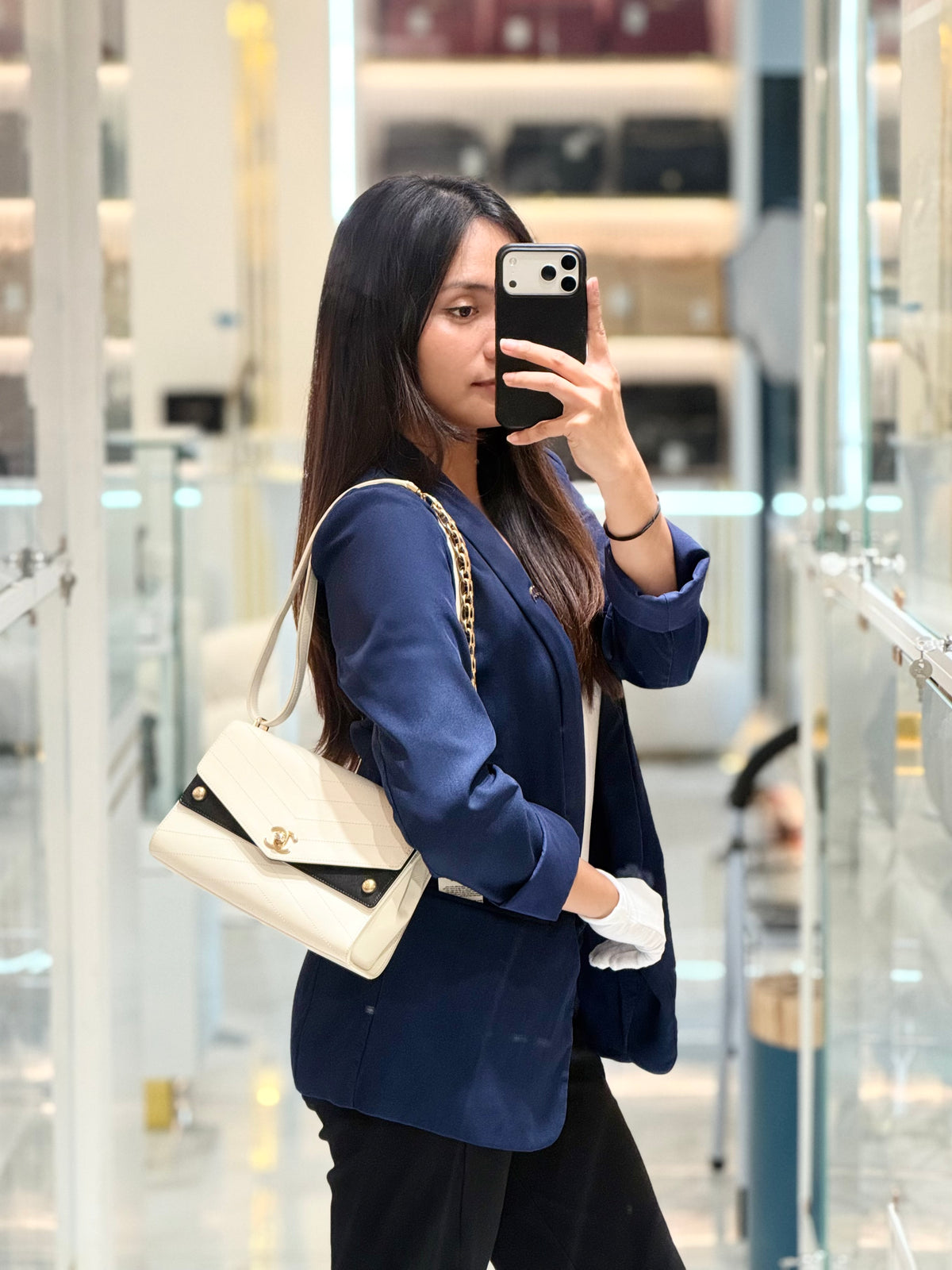 Chanel Envelope Flap Bag in White Chevron Calfskin Leather and Gold Hardware Series 27 | Purse Maison Luxury Bags Shop