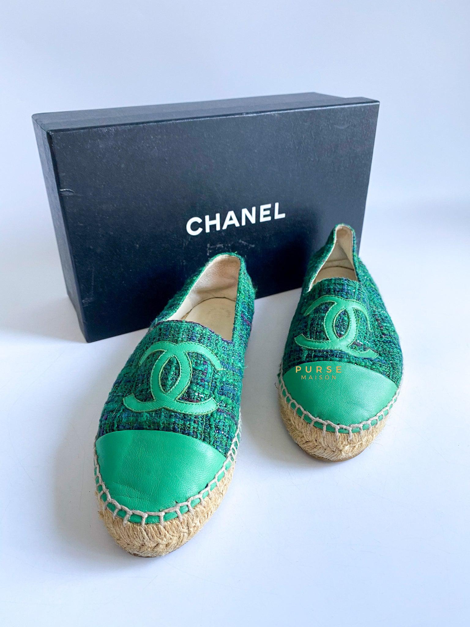 Chanel Espadrilles Dark Green/Green Tweed Fabric Lambskin Leather (Size 36 EUR)