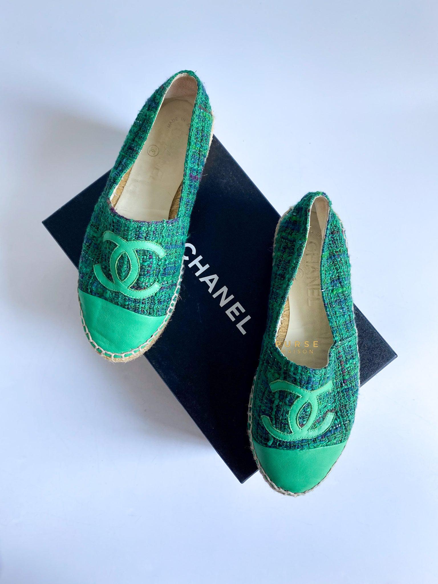 Chanel Espadrilles Dark Green/Green Tweed Fabric Lambskin Leather (Size 36 EUR)