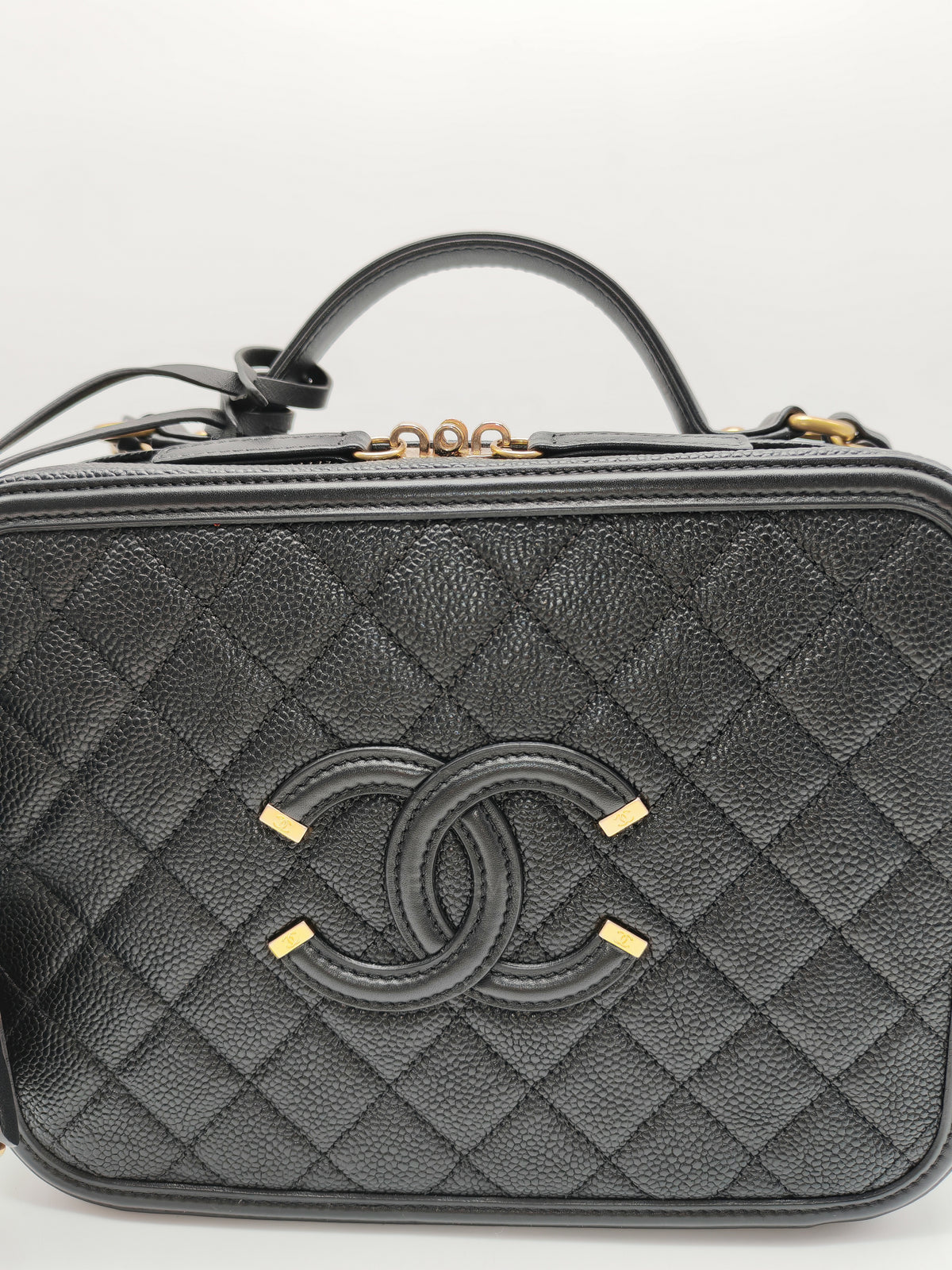 Chanel Filigree Vanity Case Large Black Caviar Leather in Aged Gold Hardware (Series 27) | Purse Maison Luxury Bags Shop