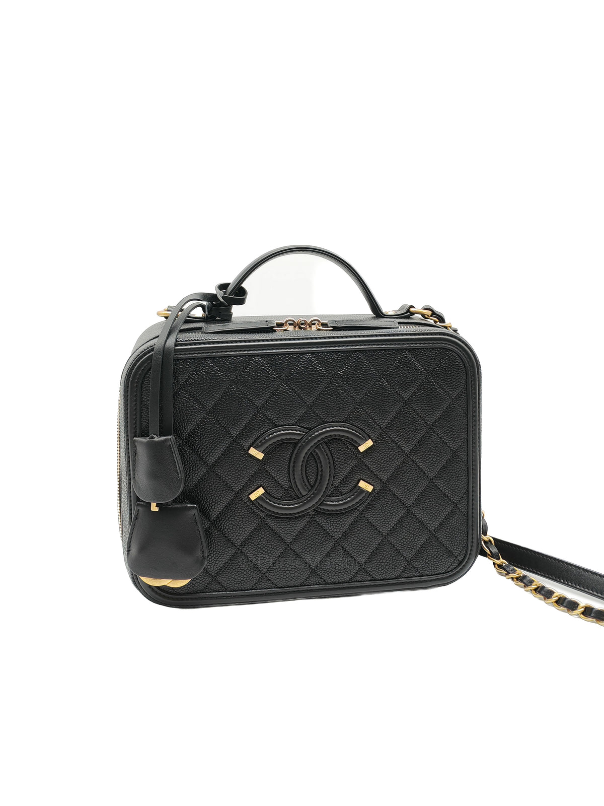 Chanel Filigree Vanity Case Large Black Caviar Leather in Aged Gold Hardware (Series 27) | Purse Maison Luxury Bags Shop