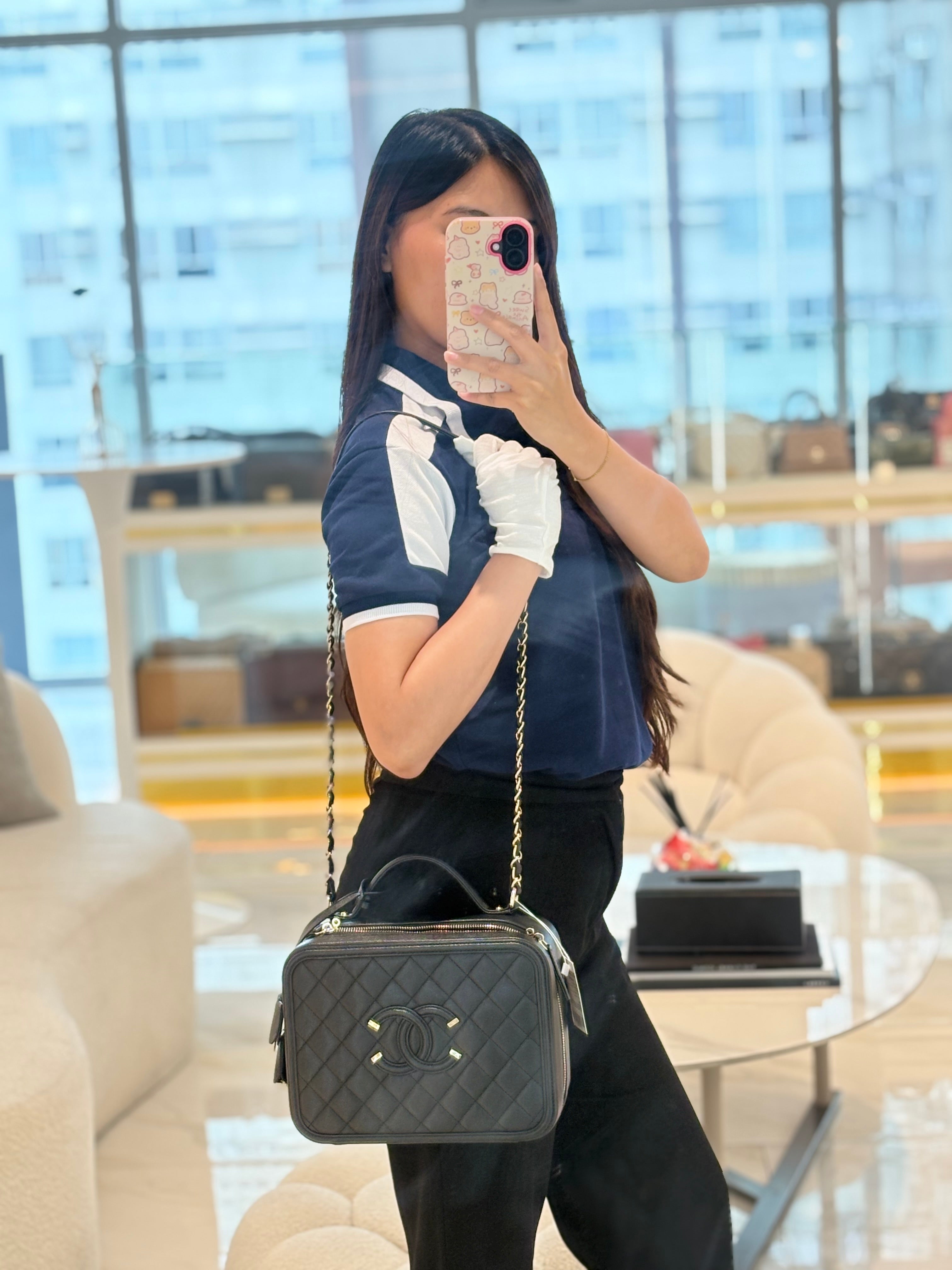 Chanel Filigree Vanity Case Large Black Caviar Leather in Light Gold Hardware (Series 30) | Purse Maison Luxury Bags Shop