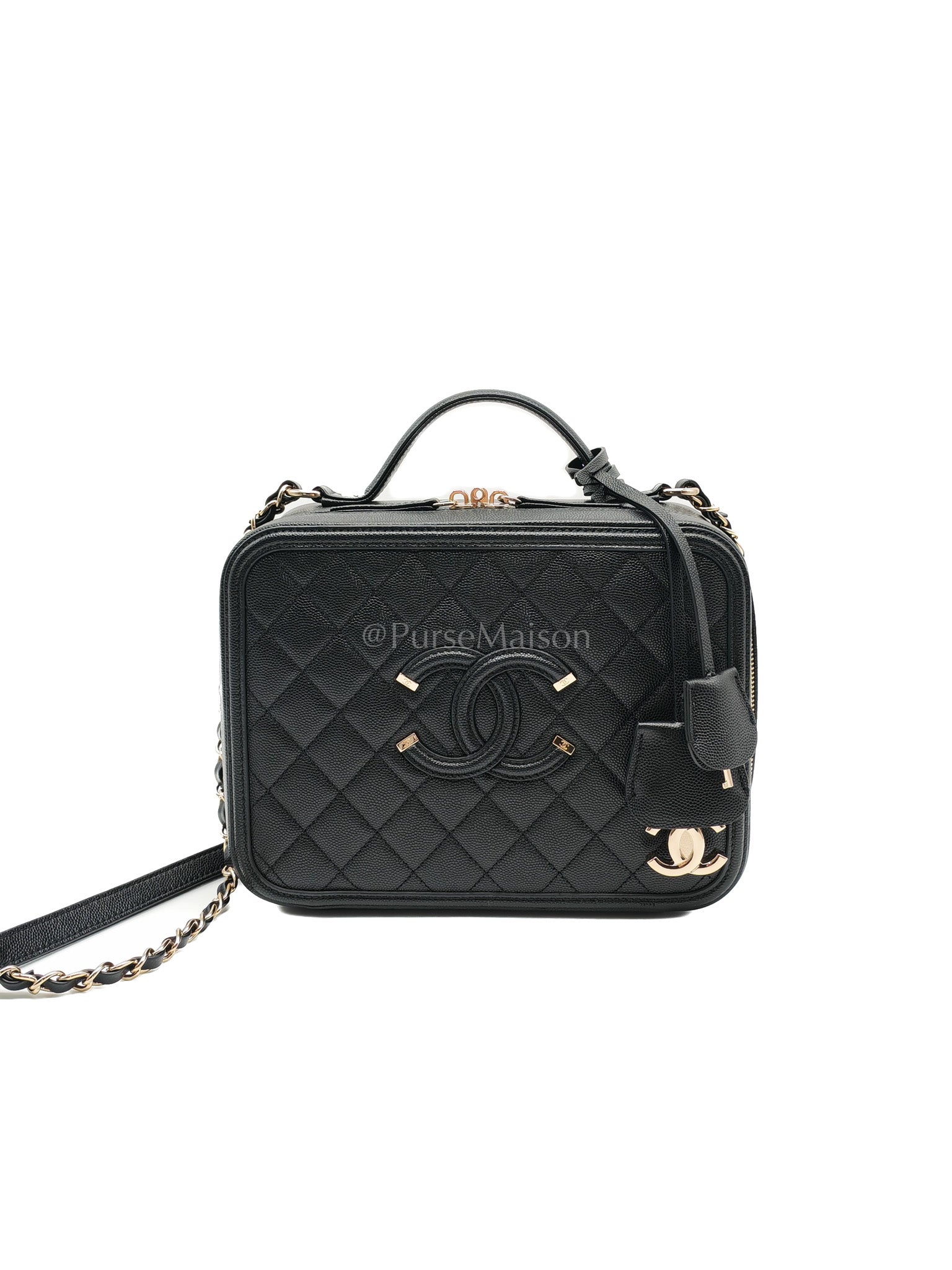 Filigree Vanity Case Large Black Caviar Leather in Light Gold Hardware (Series 30) | Purse Maison Luxury Bags Shop