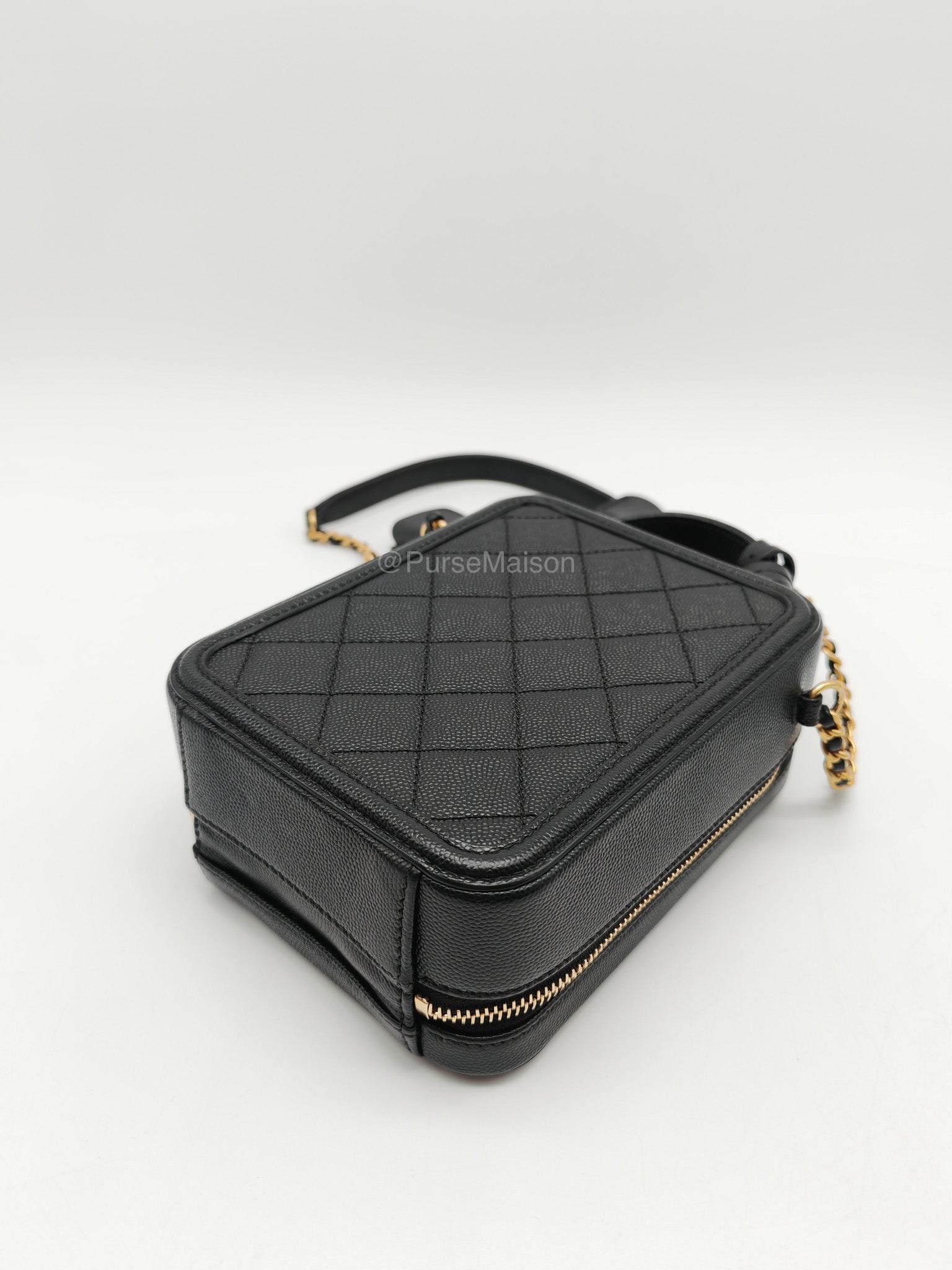 Chanel Filigree Vertical Vanity Case in Black Caviar Leather Aged Gold Hardware (Series 28) | Purse Maison Luxury Bags Shop