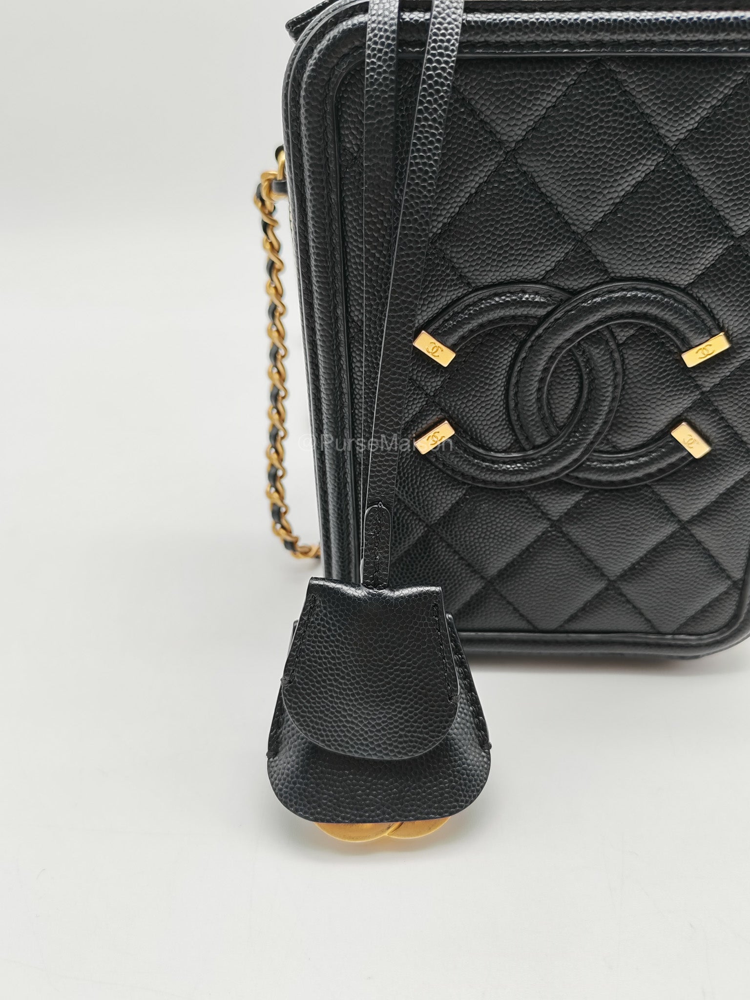 Chanel Filigree Vertical Vanity Case in Black Caviar Leather Aged Gold Hardware (Series 28) | Purse Maison Luxury Bags Shop