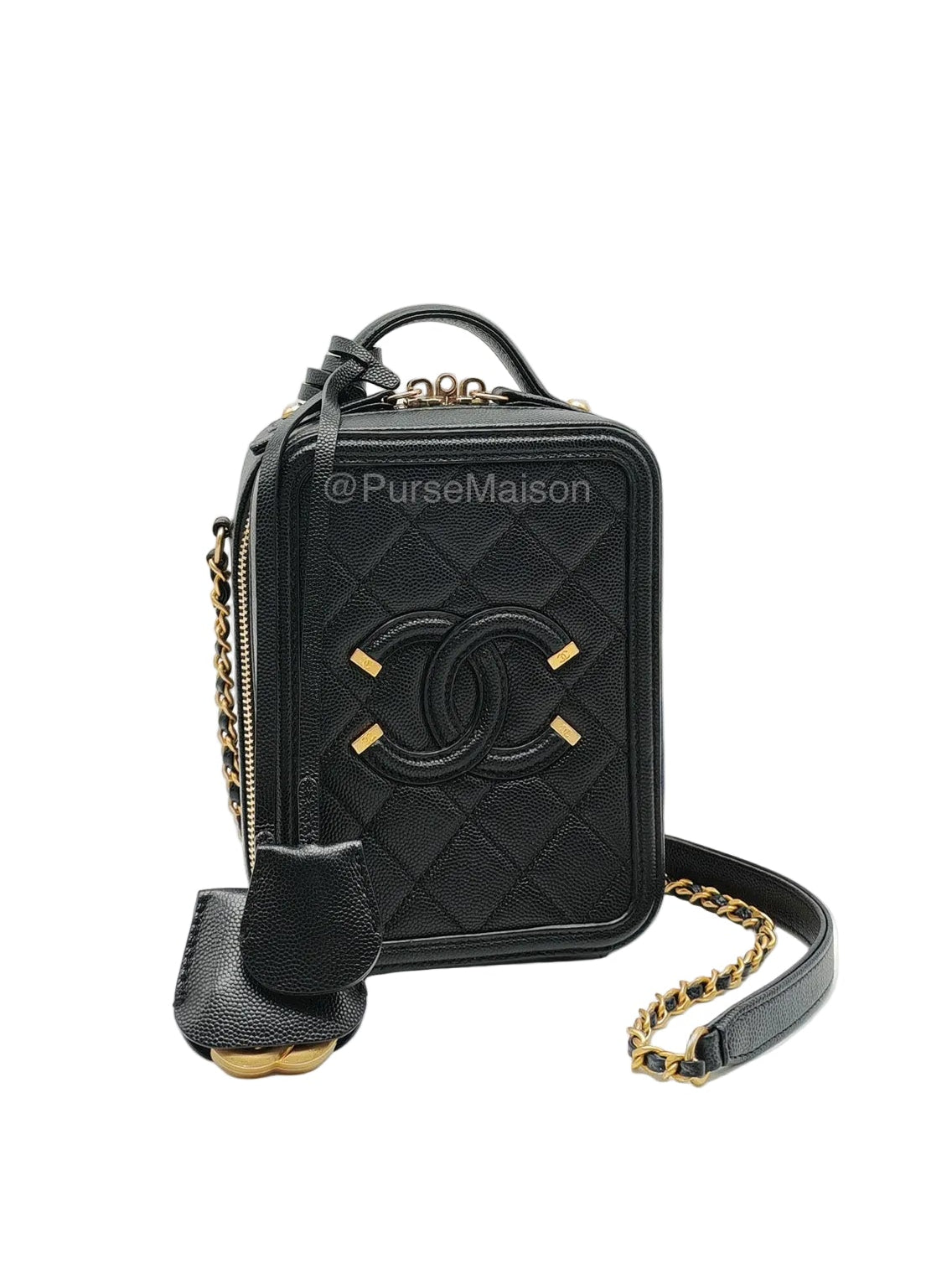 Chanel Filigree Vertical Vanity Case in Black Caviar Leather Aged Gold Hardware (Series 28) | Purse Maison Luxury Bags Shop