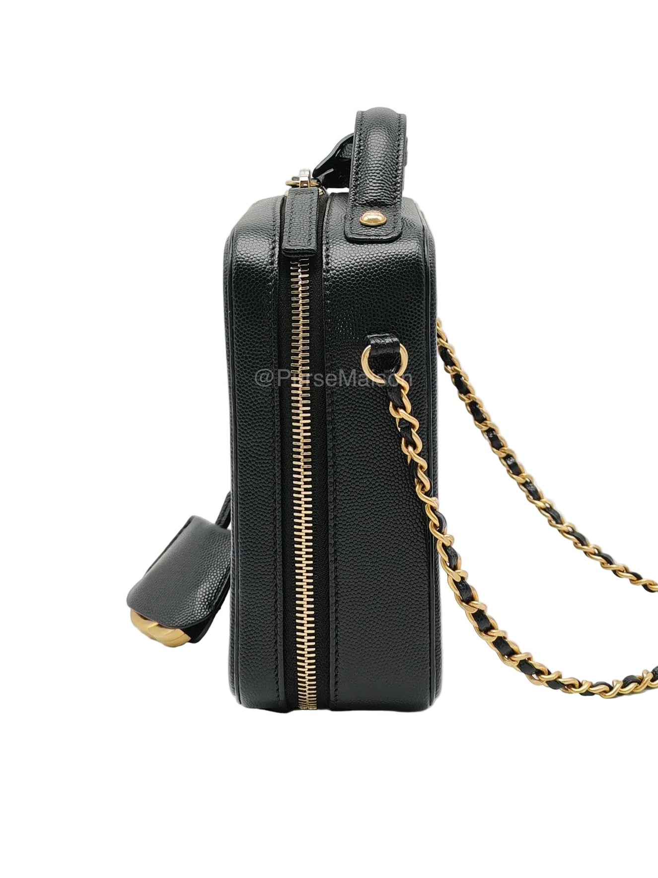 Chanel Filigree Vertical Vanity Case in Black Caviar Leather Aged Gold Hardware (Series 28) | Purse Maison Luxury Bags Shop