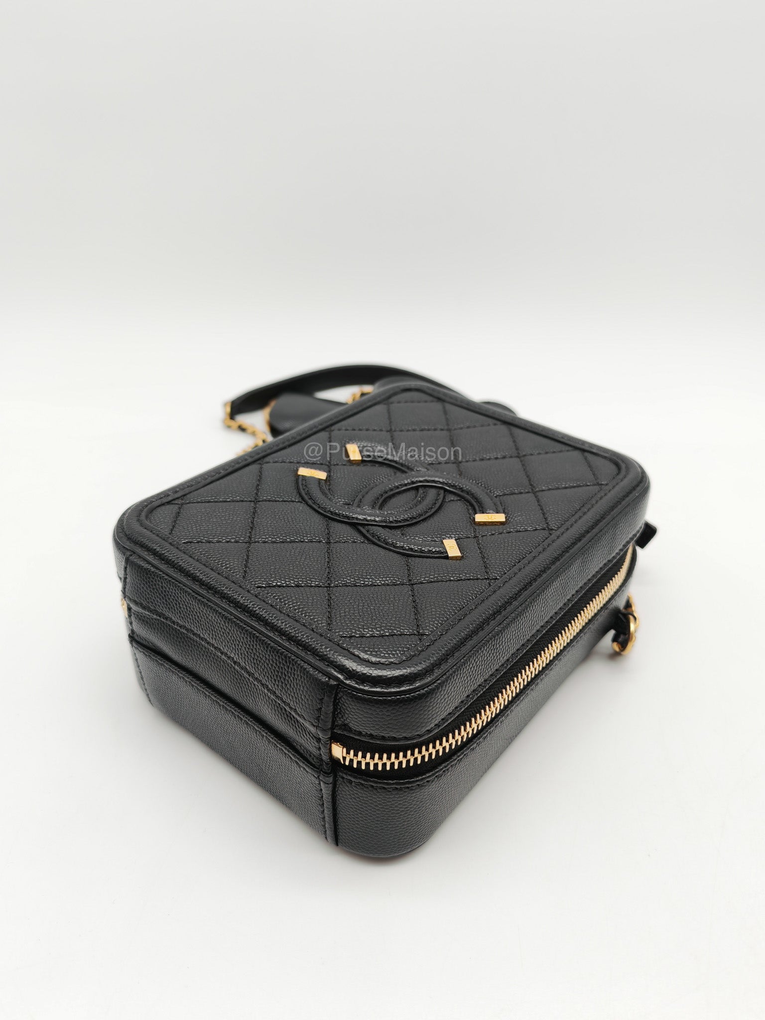 Chanel Filigree Vertical Vanity Case in Black Caviar Leather Aged Gold Hardware (Series 28) | Purse Maison Luxury Bags Shop