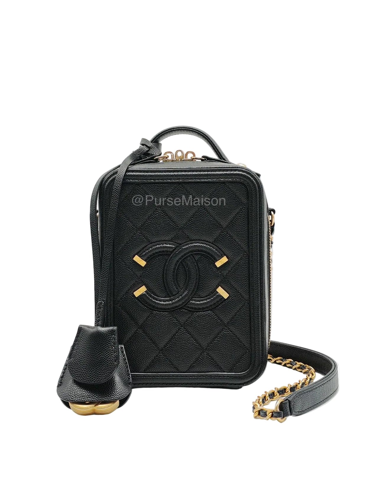Chanel Filigree Vertical Vanity Case in Black Caviar Leather Aged Gold Hardware (Series 28) | Purse Maison Luxury Bags Shop