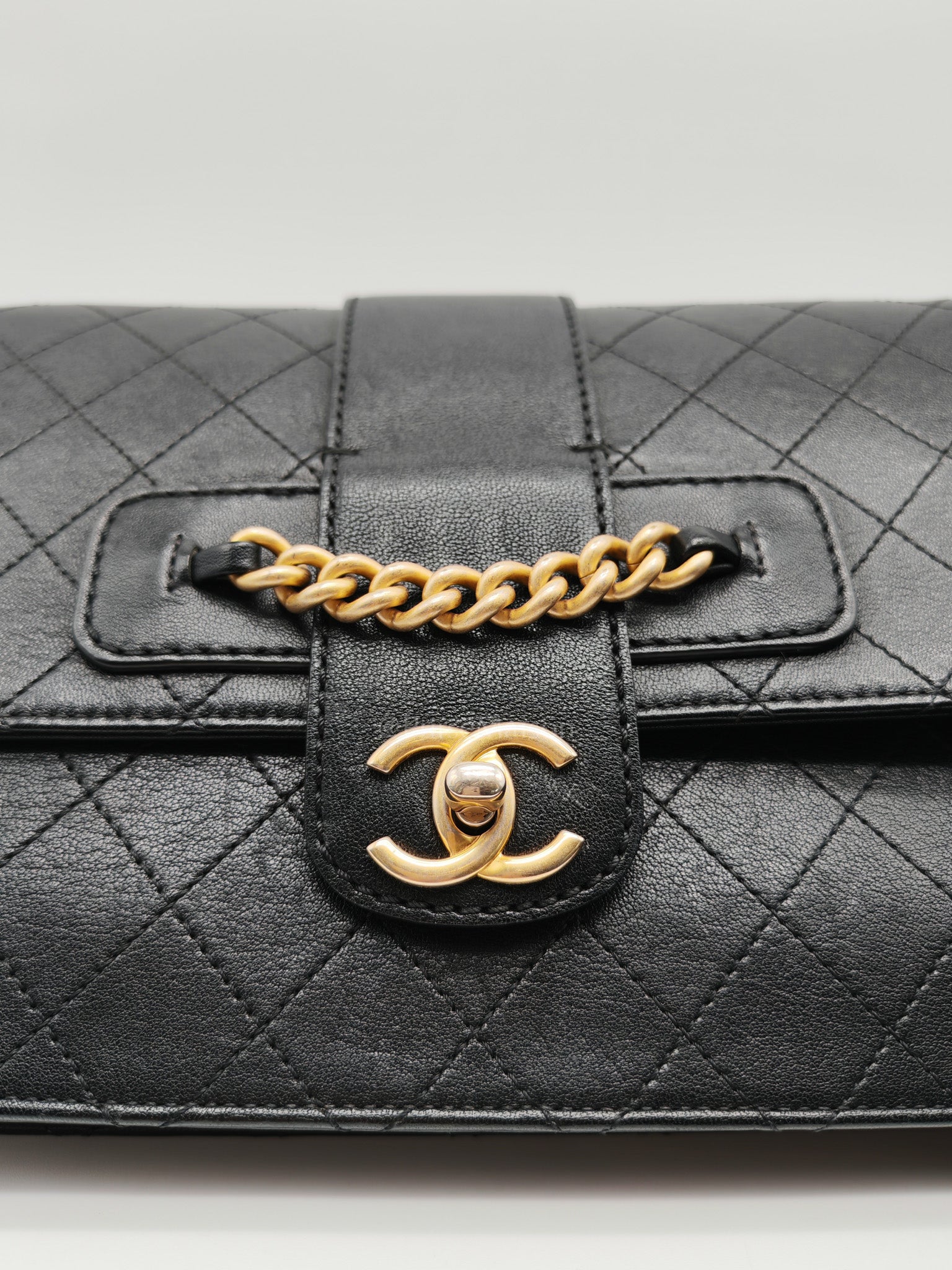 Chanel Front Chain Flap Bag in Black Quilted Calfskin Leather & Aged Gold Hardware Series 24 | Purse Maison Luxury Bags Shop