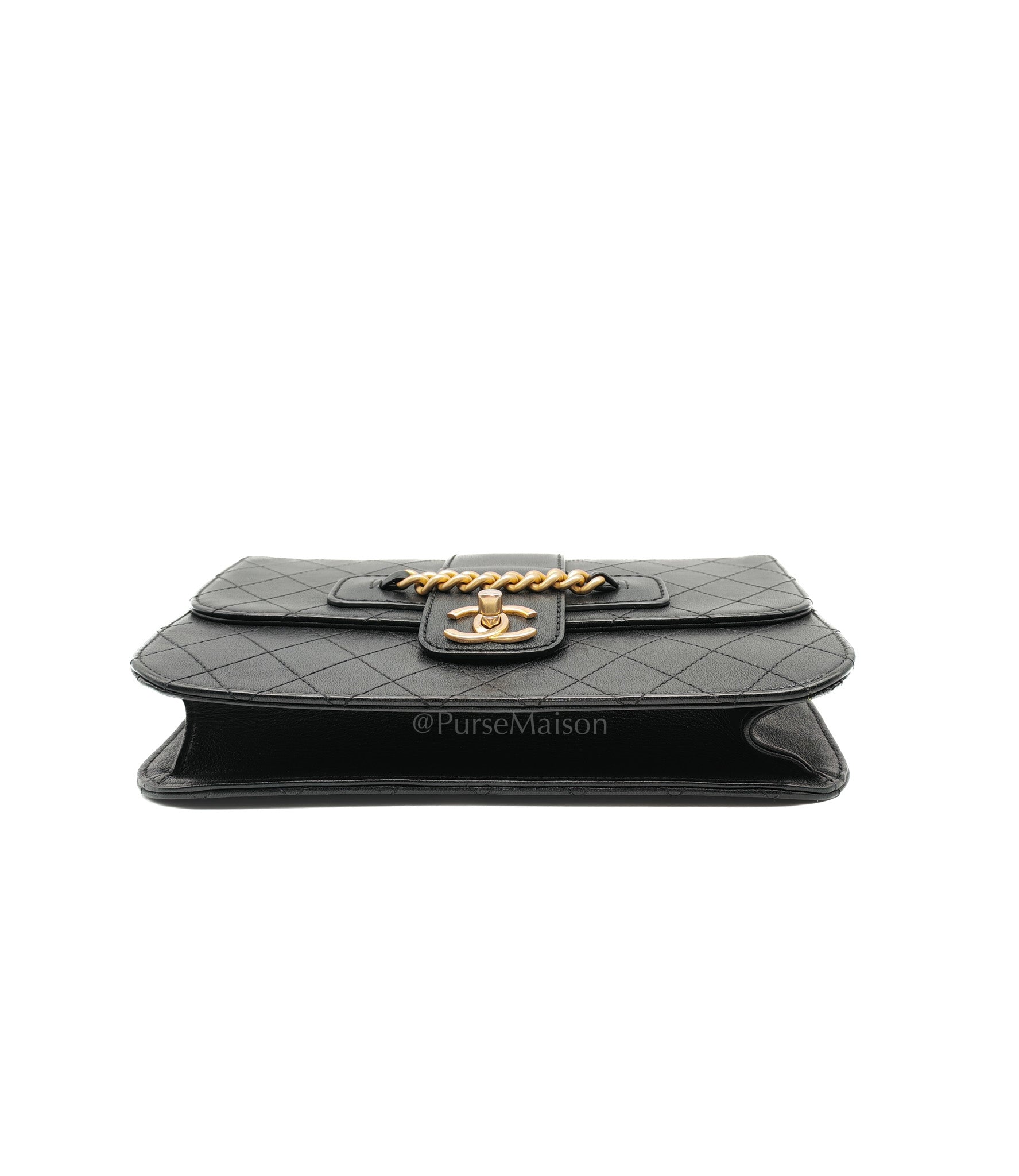 Chanel Front Chain Flap Bag in Black Quilted Calfskin Leather & Aged Gold Hardware Series 24 | Purse Maison Luxury Bags Shop