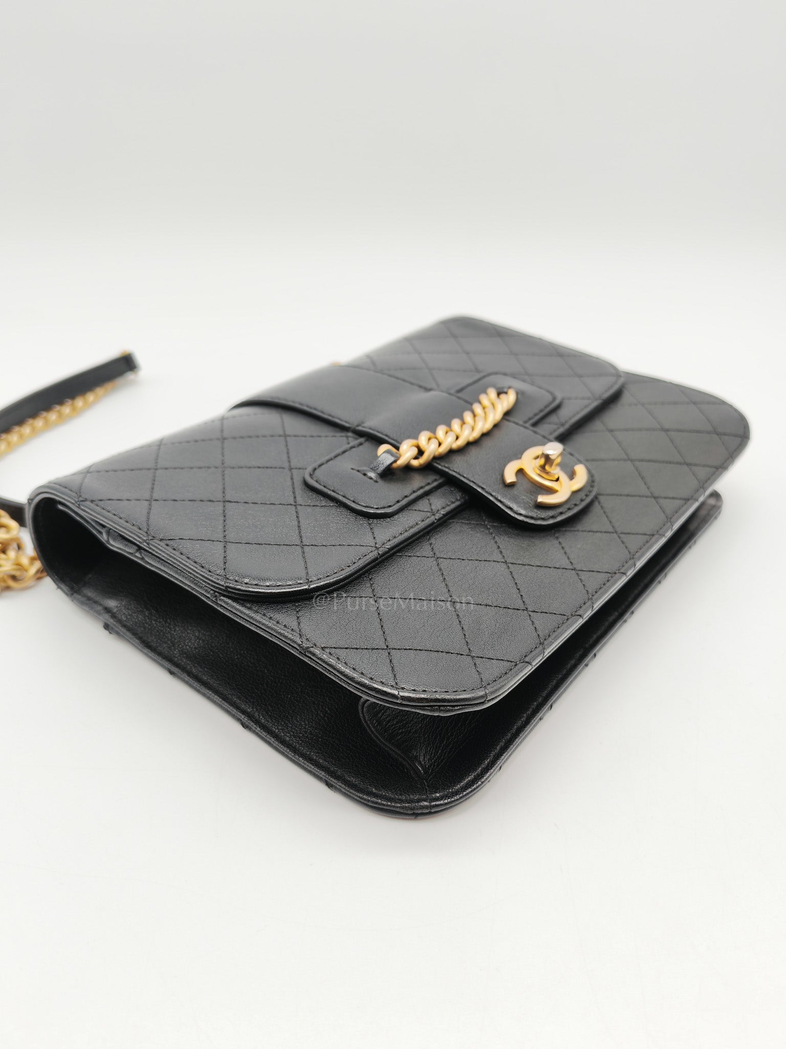 Chanel Front Chain Flap Bag in Black Quilted Calfskin Leather & Aged Gold Hardware Series 24 | Purse Maison Luxury Bags Shop