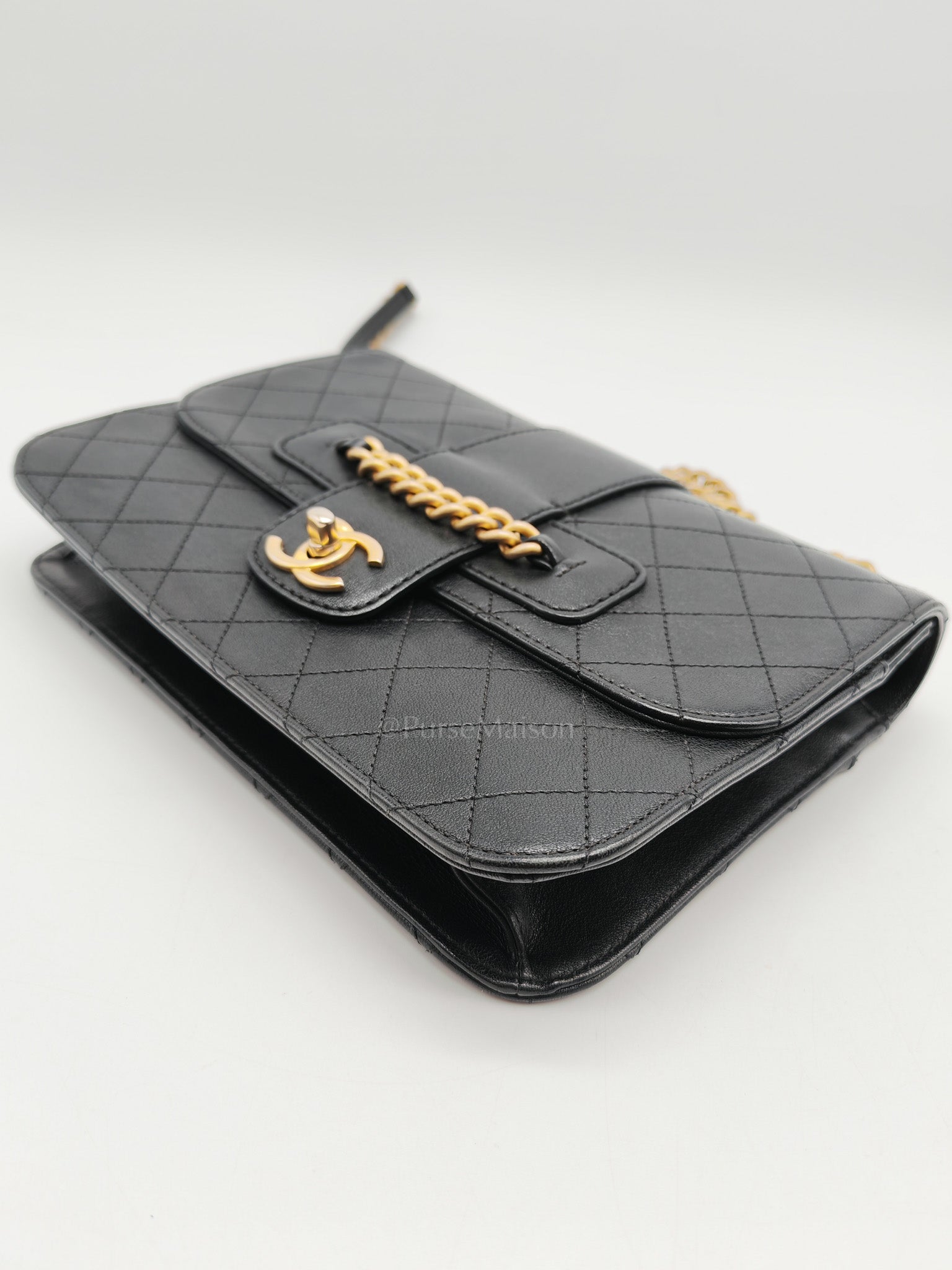 Chanel Front Chain Flap Bag in Black Quilted Calfskin Leather & Aged Gold Hardware Series 24 | Purse Maison Luxury Bags Shop