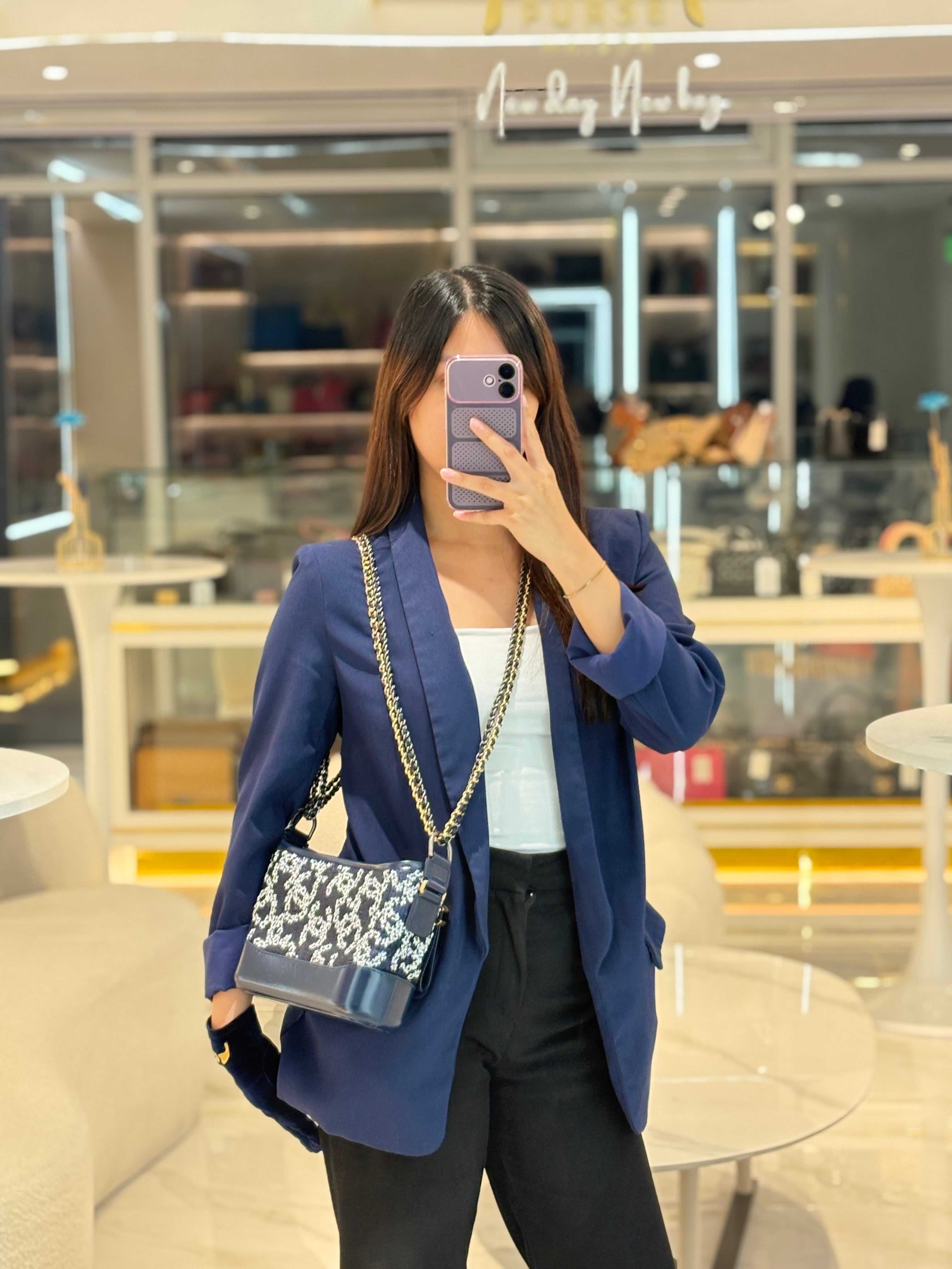 Chanel Gabrielle Hobo Bag Small in Sequin Logo Motif Navy Blue/White Mix Hardware (Series 27) | Purse Maison Luxury Bags Shop