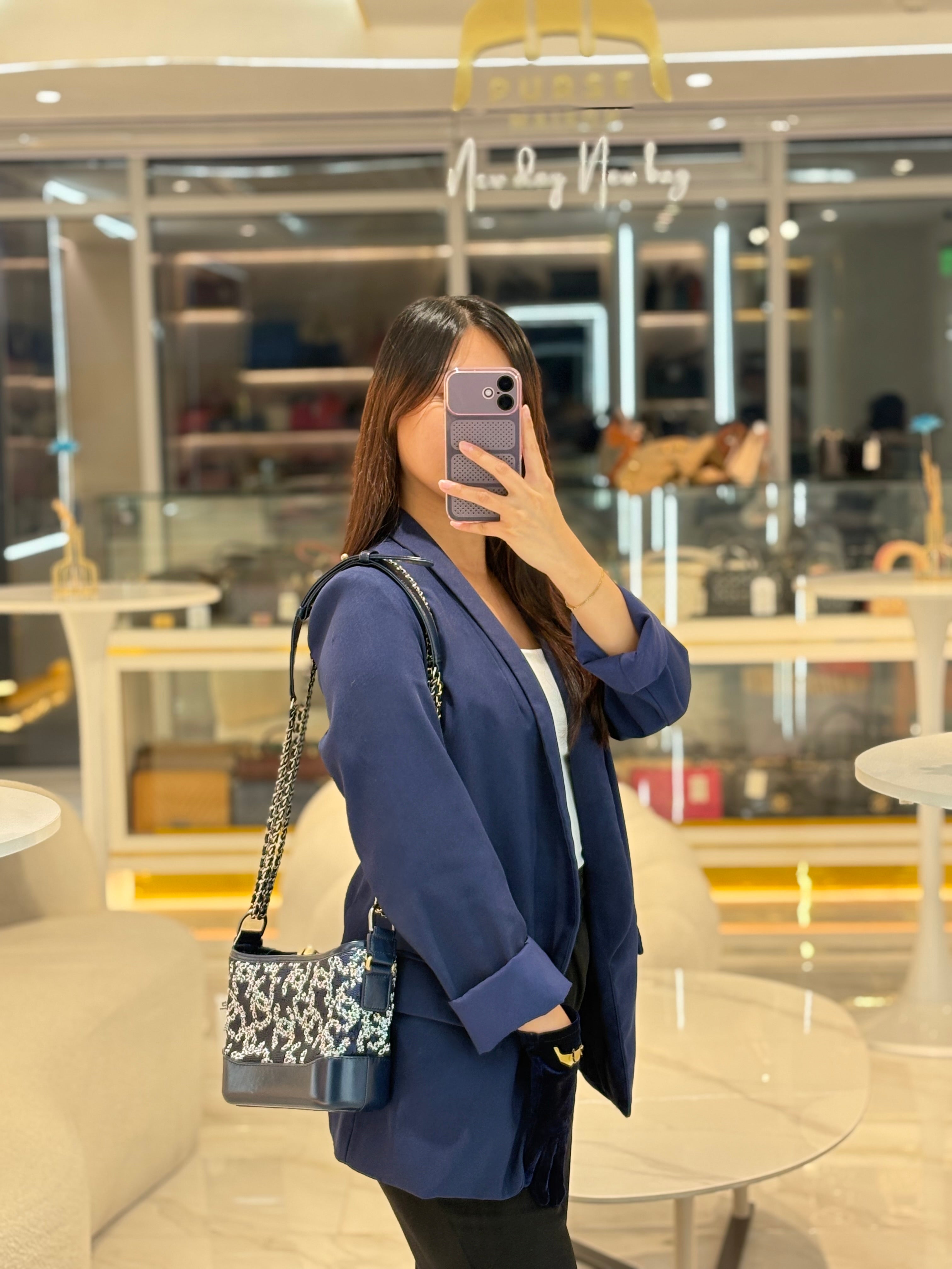 Chanel Gabrielle Hobo Bag Small in Sequin Logo Motif Navy Blue/White Mix Hardware (Series 27) | Purse Maison Luxury Bags Shop