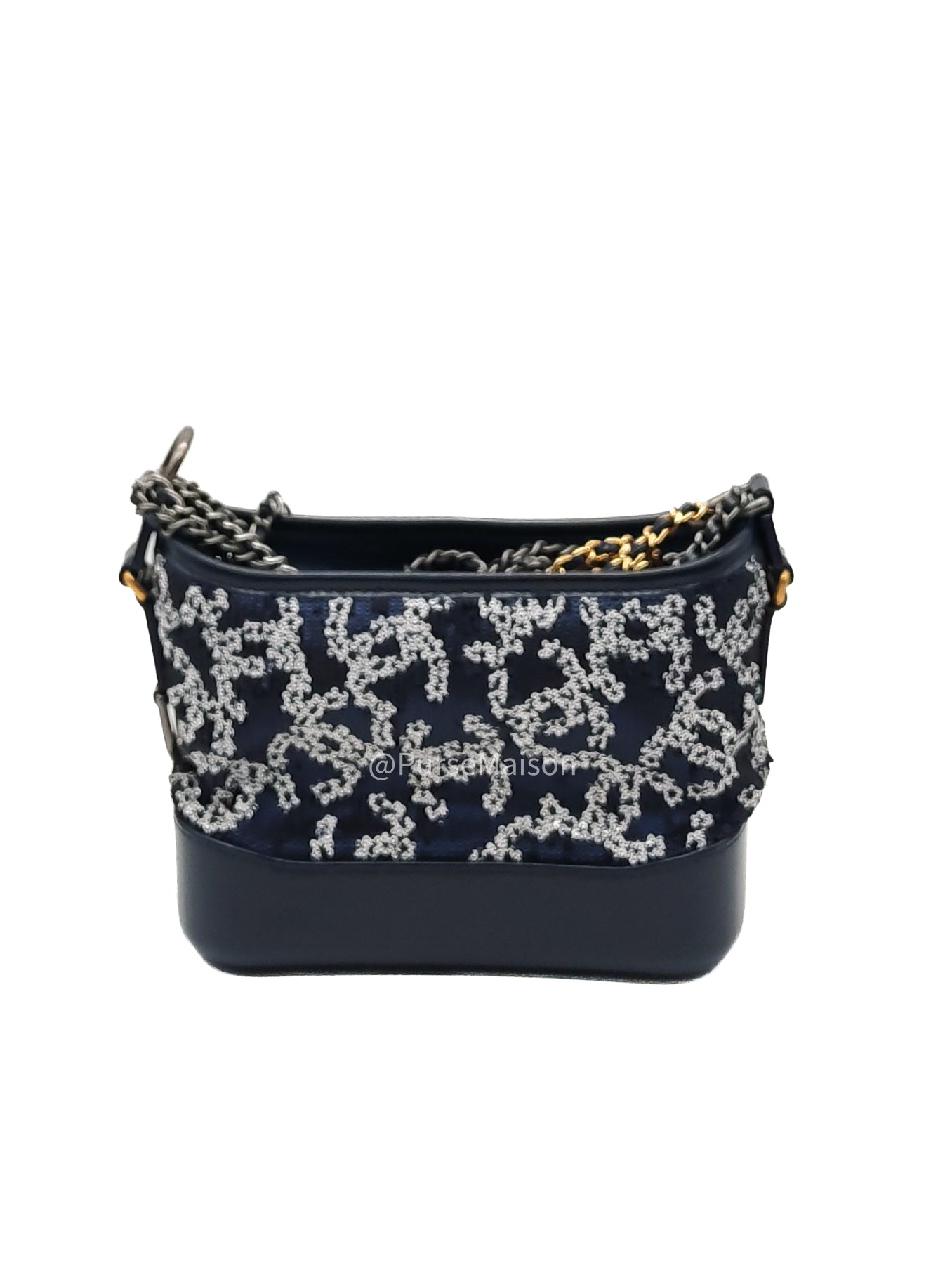 Chanel Gabrielle Hobo Bag Small in Sequin Logo Motif Navy Blue/White Mix Hardware (Series 27) | Purse Maison Luxury Bags Shop