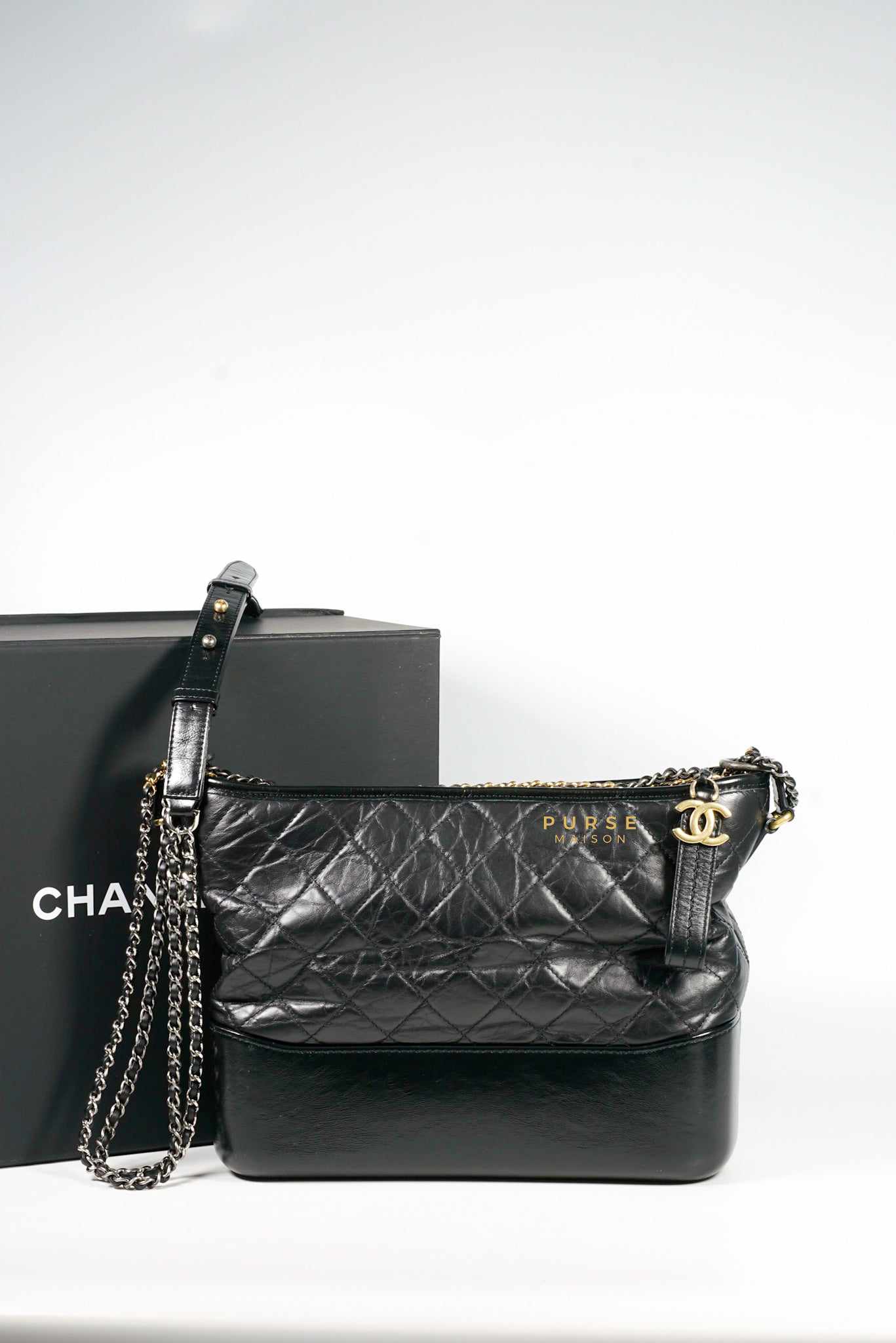 Chanel Gabrielle Medium Hobo Bag in Black Distressed Calfskin Leather &  mixed hardware (Series 25)
