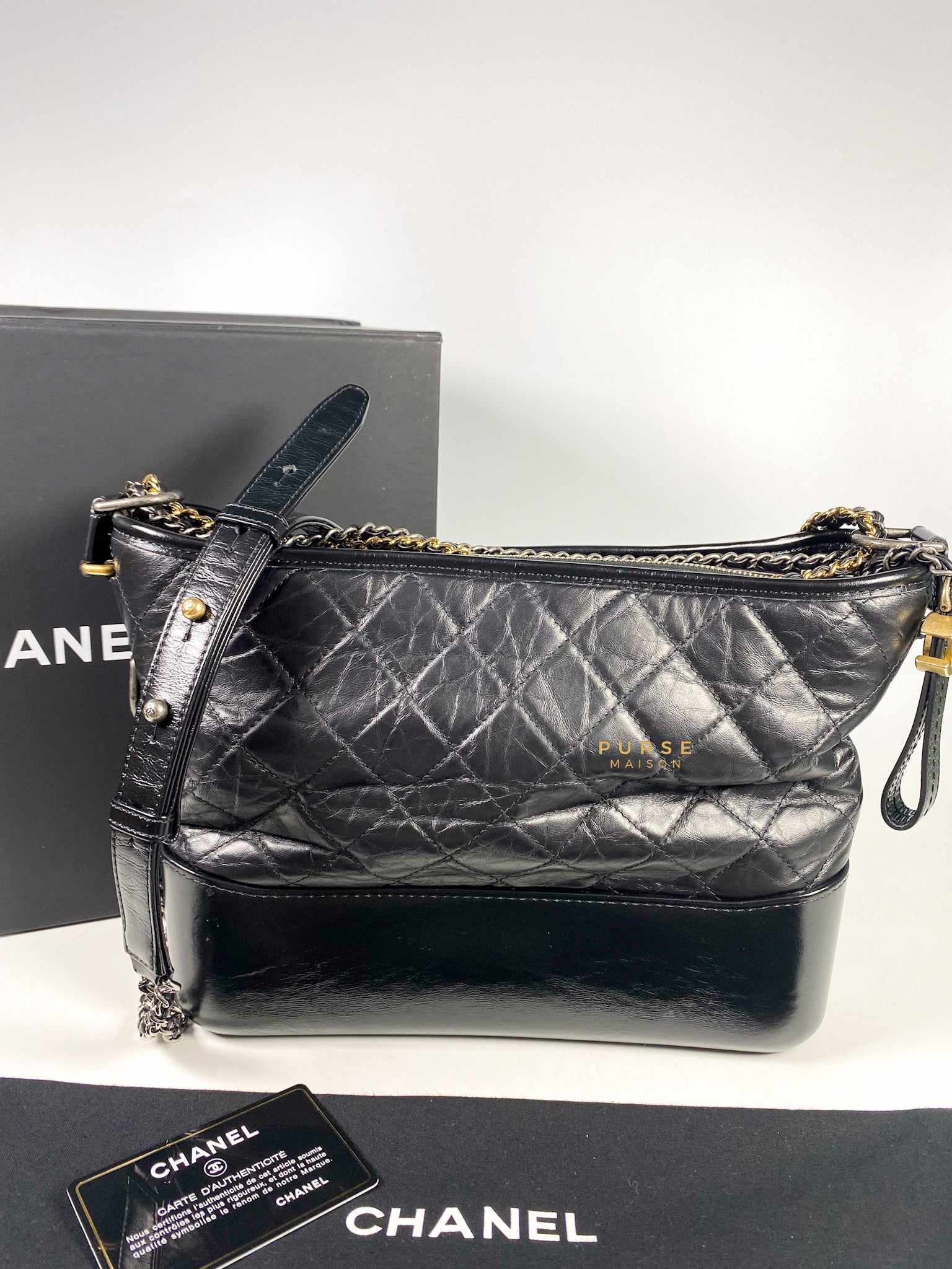 Chanel Gabrielle Medium Hobo Bag in Black Distressed Calfskin Leather & mixed hardware (Series 25)