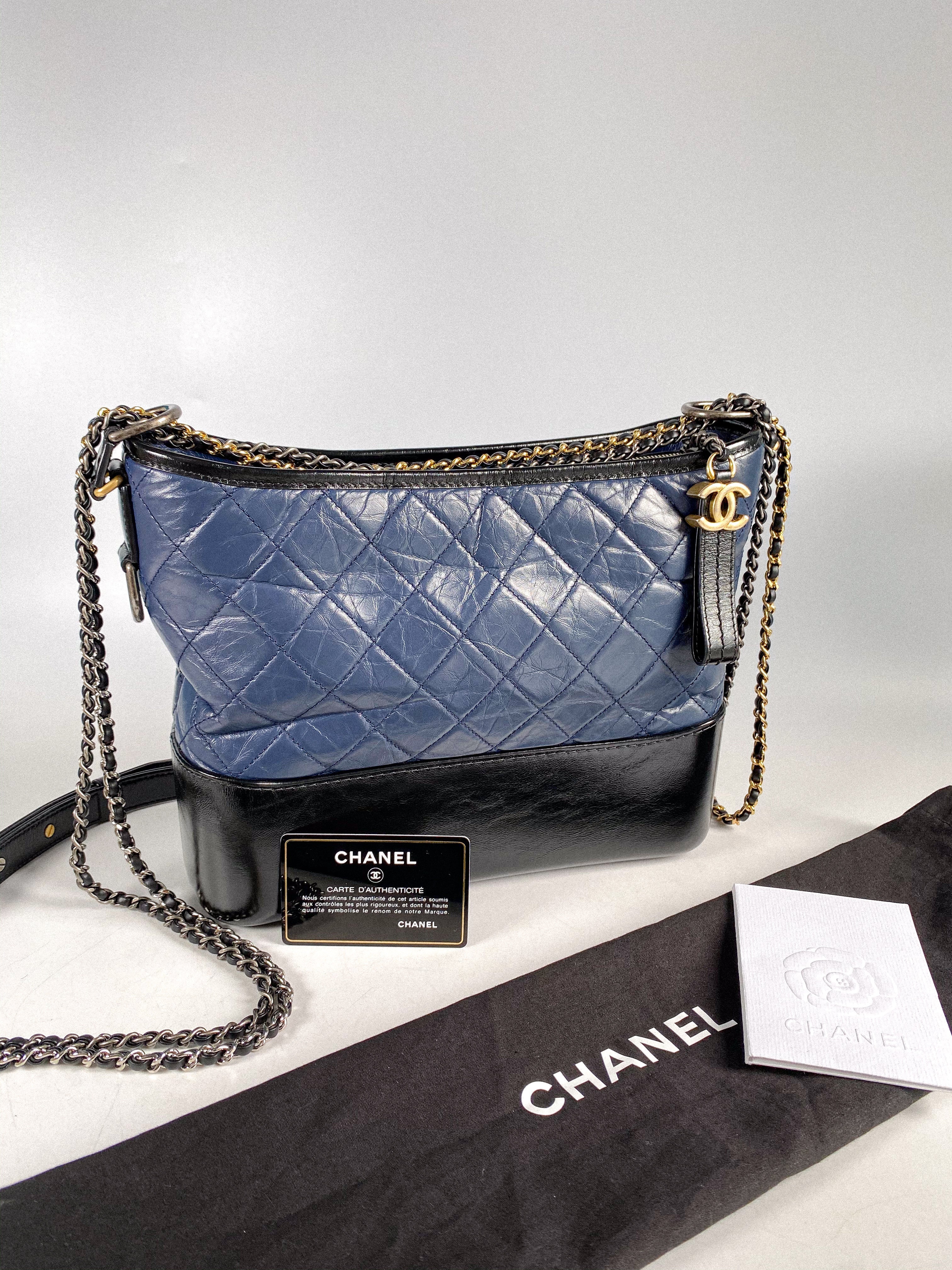 Chanel Gabrielle Medium Hobo Bag in Navy Blue Distressed Calfskin Leather & Mixed Hardware (Series 26)