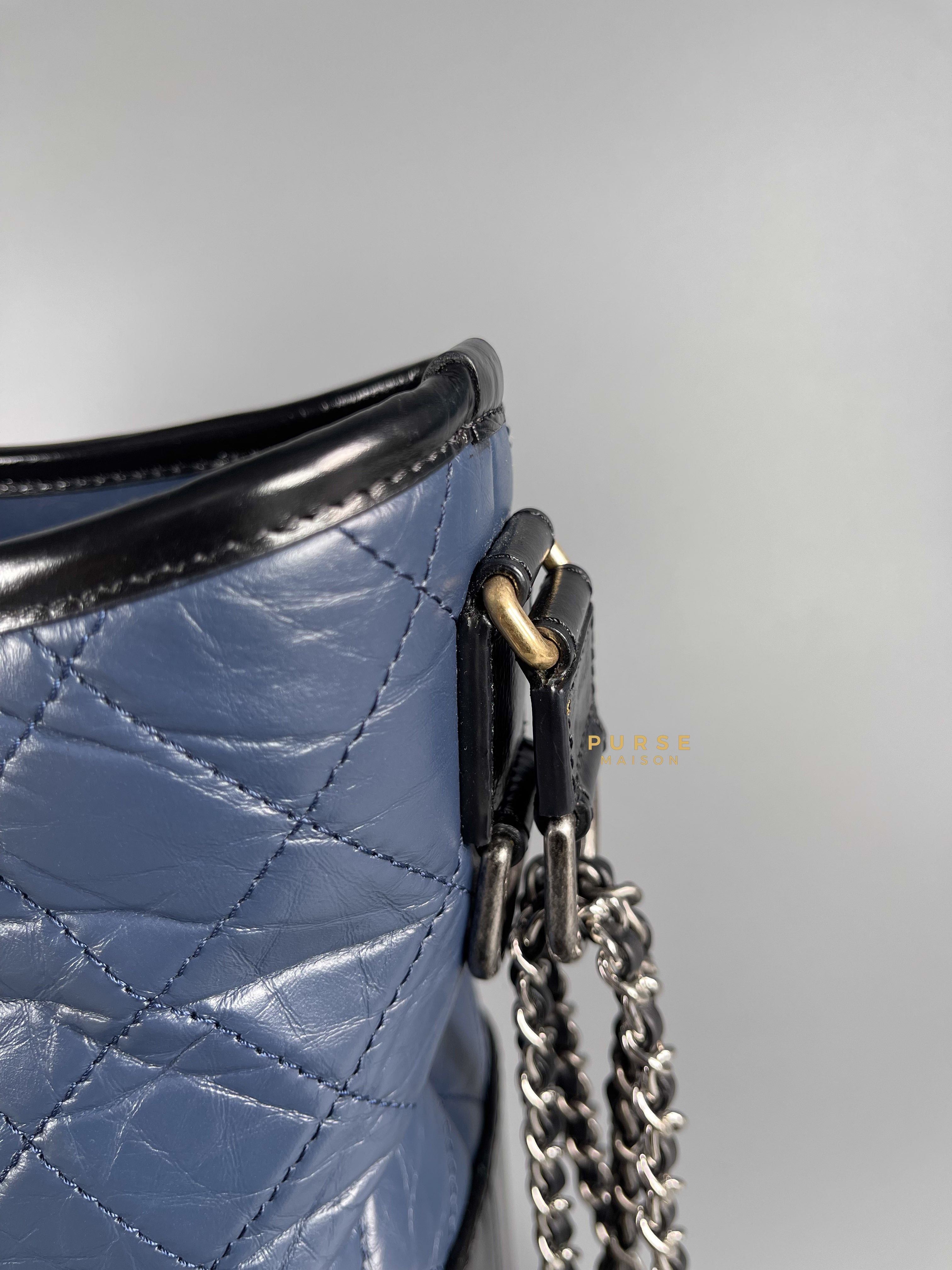 Chanel Gabrielle Old Medium Hobo Bag in Navy Blue Distressed Calfskin Leather & Mixed Hardware (Series 27) | Purse Maison Luxury Bags Shop
