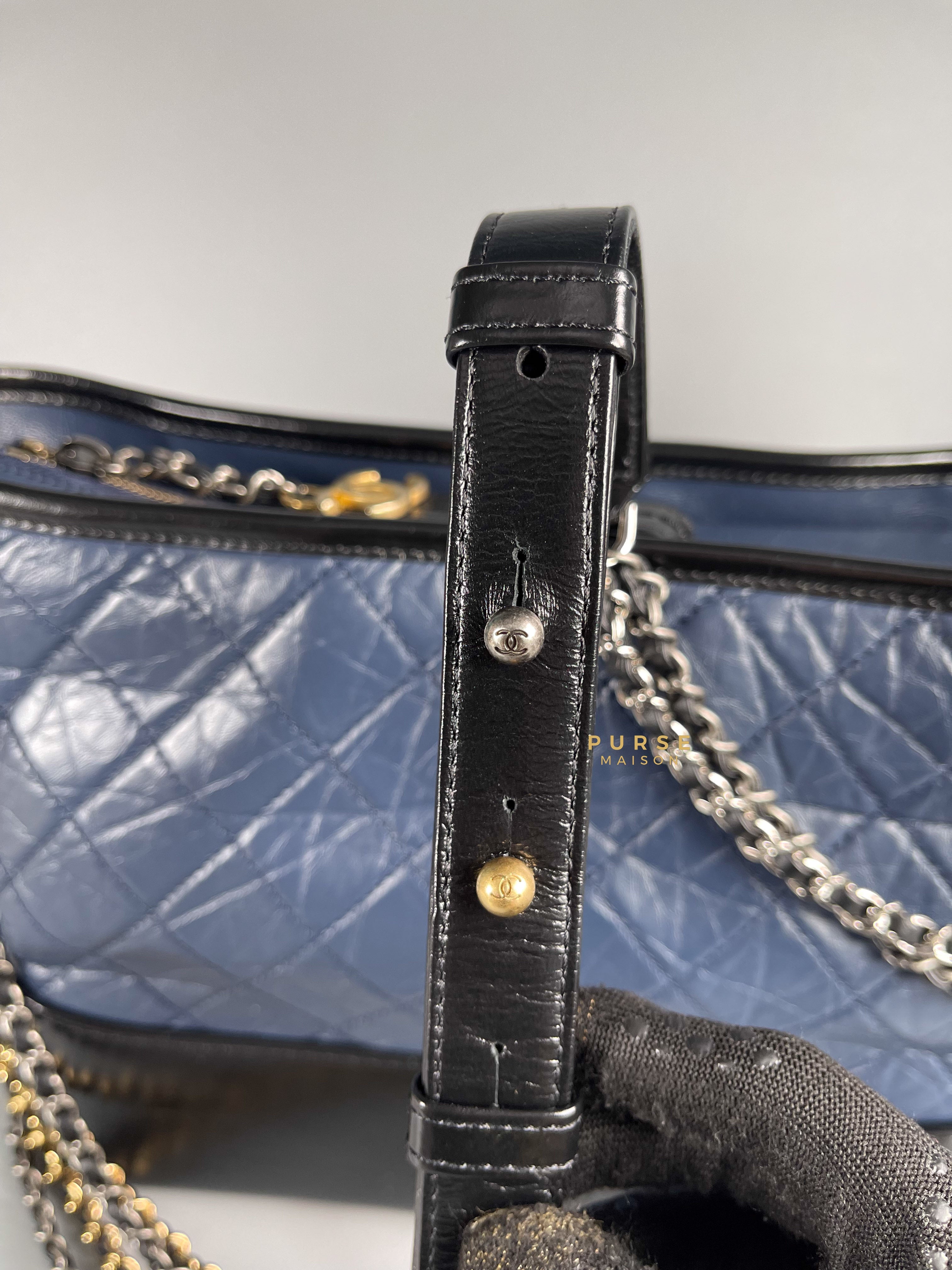 Chanel Gabrielle Old Medium Hobo Bag in Navy Blue Distressed Calfskin Leather & Mixed Hardware (Series 27) | Purse Maison Luxury Bags Shop