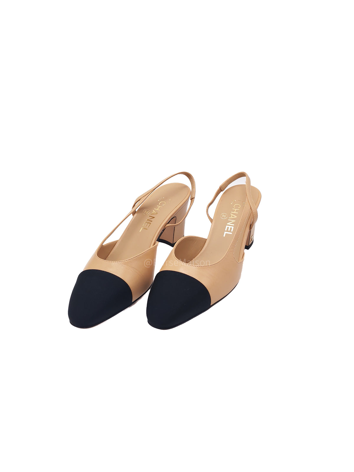 Chanel Grosgrain Cap-tone Slingback Pumps in Beige and Black Size 38 (23 cm) | Purse Maison Luxury Bags Shop